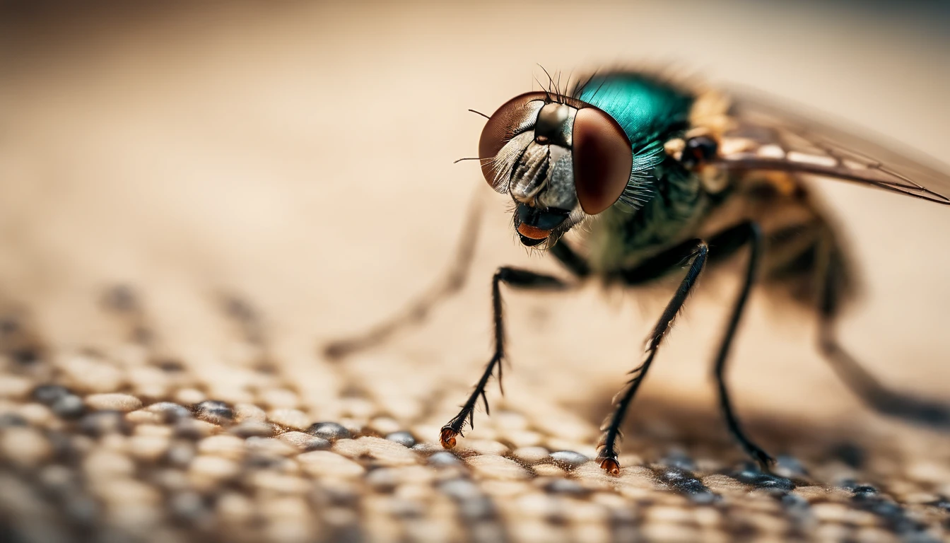 a detail shot of a fly perched on a line within a network of dots, lines, and triangles, showcasing the delicate and precise nature of the geometric abstraction