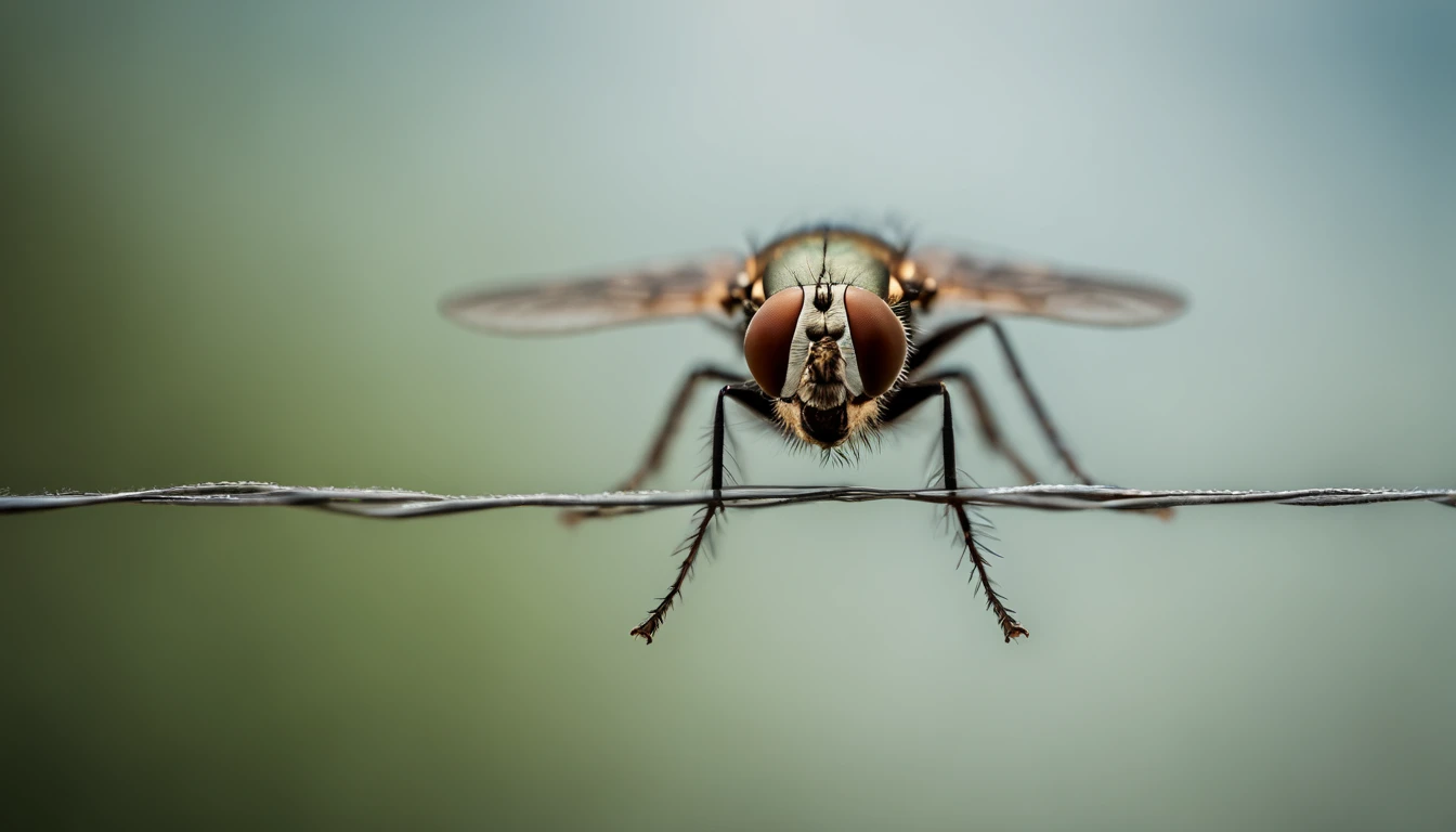 a detail shot of a fly perched on a line within a network of dots, lines, and triangles, showcasing the delicate and precise nature of the geometric abstraction
