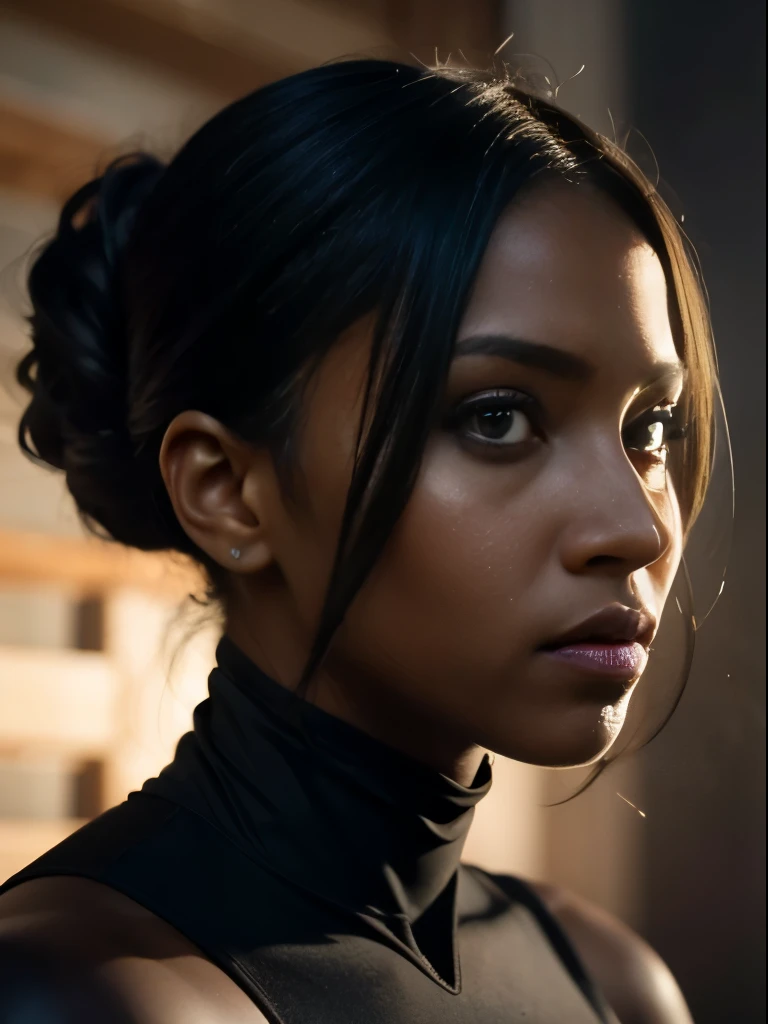 Foto profissional de corpo inteiro, (foto 4k:1.1) por (Jeremy Lipking:0.3), (Dittmann Anna:0.3), (Jiner:0.3), (Crisp Focus:1.3), Very high detail, ((mulher de pele negra)), vestido longo preto, cabelos ondulados, Pose da modelo do Instagram, confiante, magra, seios grandes: 1.3, anatomia perfeita, simetria perfeita:1.2, Realista, Rosto realista: 1.2, visage porfait, Content, confiante, altamente detalhado, and dramatic, Kinematic lighting, Lighting Scene, luzes suaves