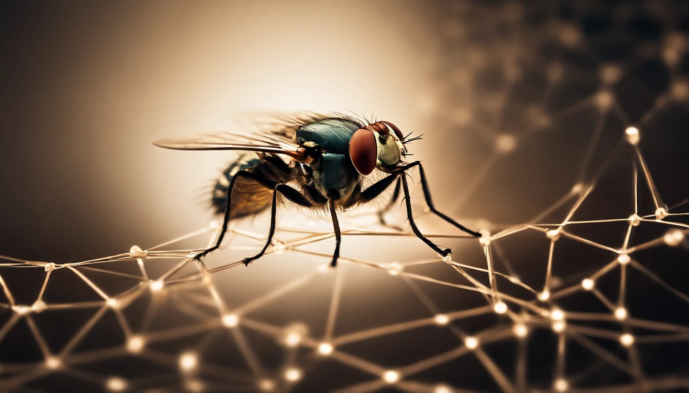 an image of a fly flying through a network of interconnected triangles, with dots and lines forming the structure, depicting the fly’s movement within the geometric abstraction