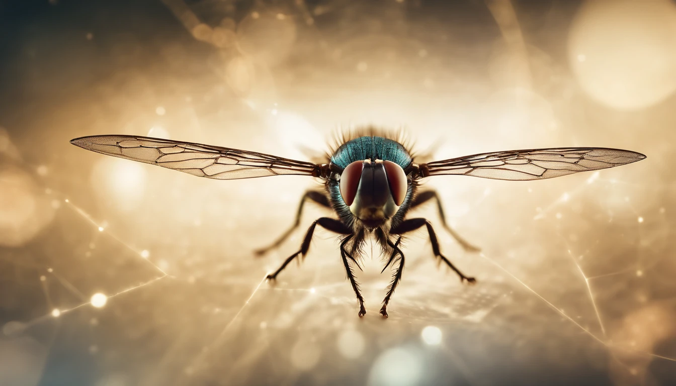an image of a fly flying through a network of interconnected triangles, with dots and lines forming the structure, depicting the fly’s movement within the geometric abstraction