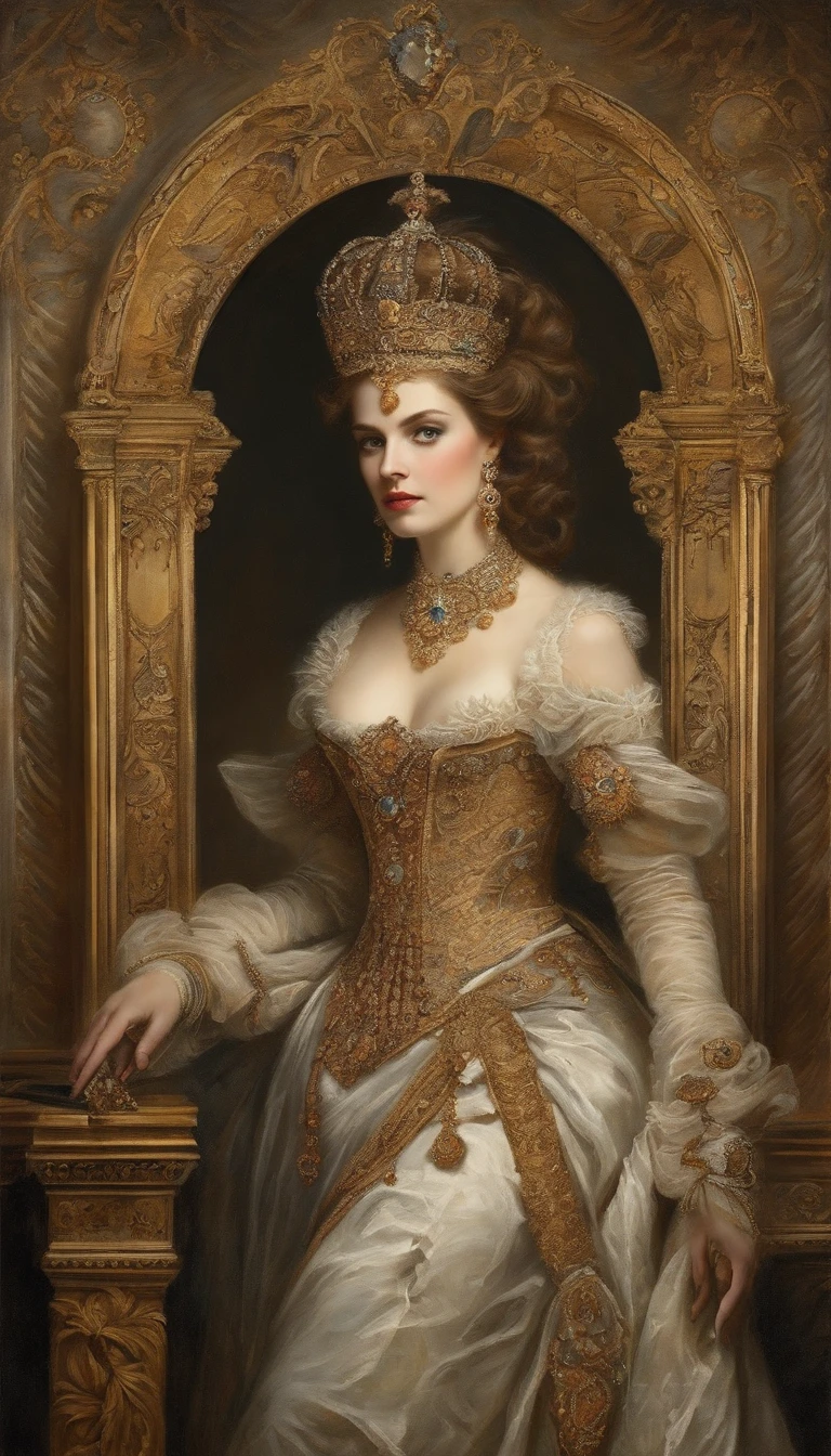 ((Baroque art painting)),(master piece),(best quality),(Super Detail),(very delicate and beautiful),alone,((full body, Standing Posture)),Standing in the Royal Palace, ((1 queen in a beautiful rococo dress，Wear it with a full-length voluminous hoop skirt)),(Crinoline),Beautiful embroidery,((beautiful gemstone jewelry)),detailed face and eyes,jewel eyes ,((Lots of straight hair,Extremely long soft hair)),((Huge ceiling,Long milk,Skin receding)),Beautiful embroidery,cleavage,Extremely beautiful hair accessory,Extremely beautiful gemstone tiara with shiny gold), beautiful corsage,(dynamic angle),View viewer,((full bodyesbian))
