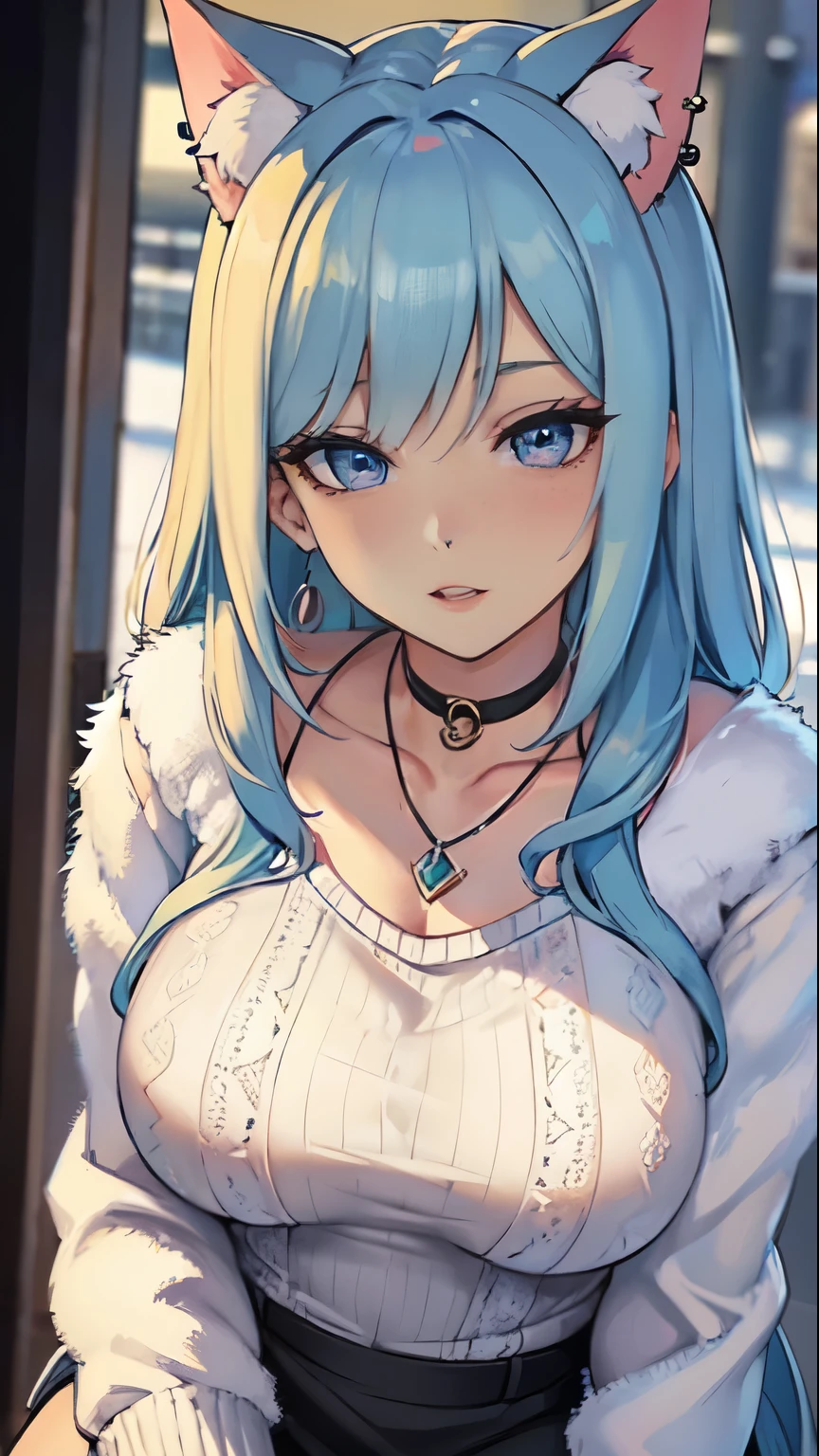 Masterpiece, beautiful art, professional artist, 8k, art style by sciamano240, very detailed face, very detailed hair, very detailed clothes, 1girl, perfectly drawn body, beautiful face, long hair, light blue hair , very detailed blue vertical cat eyes, square glasses, pouty lips , rosey cheeks, intricate details in eyes, extreme close up of face, see only head and neck, staring directly at viewer, wearing cute winter clothes, winter coat, sweater,necklace, choker, earrings, gloves, pencil skirt, black tigh boots, stockings,some freckles, big wide grin, in love with the viewer expression, morning winter setting, pov walking outside with viewer,