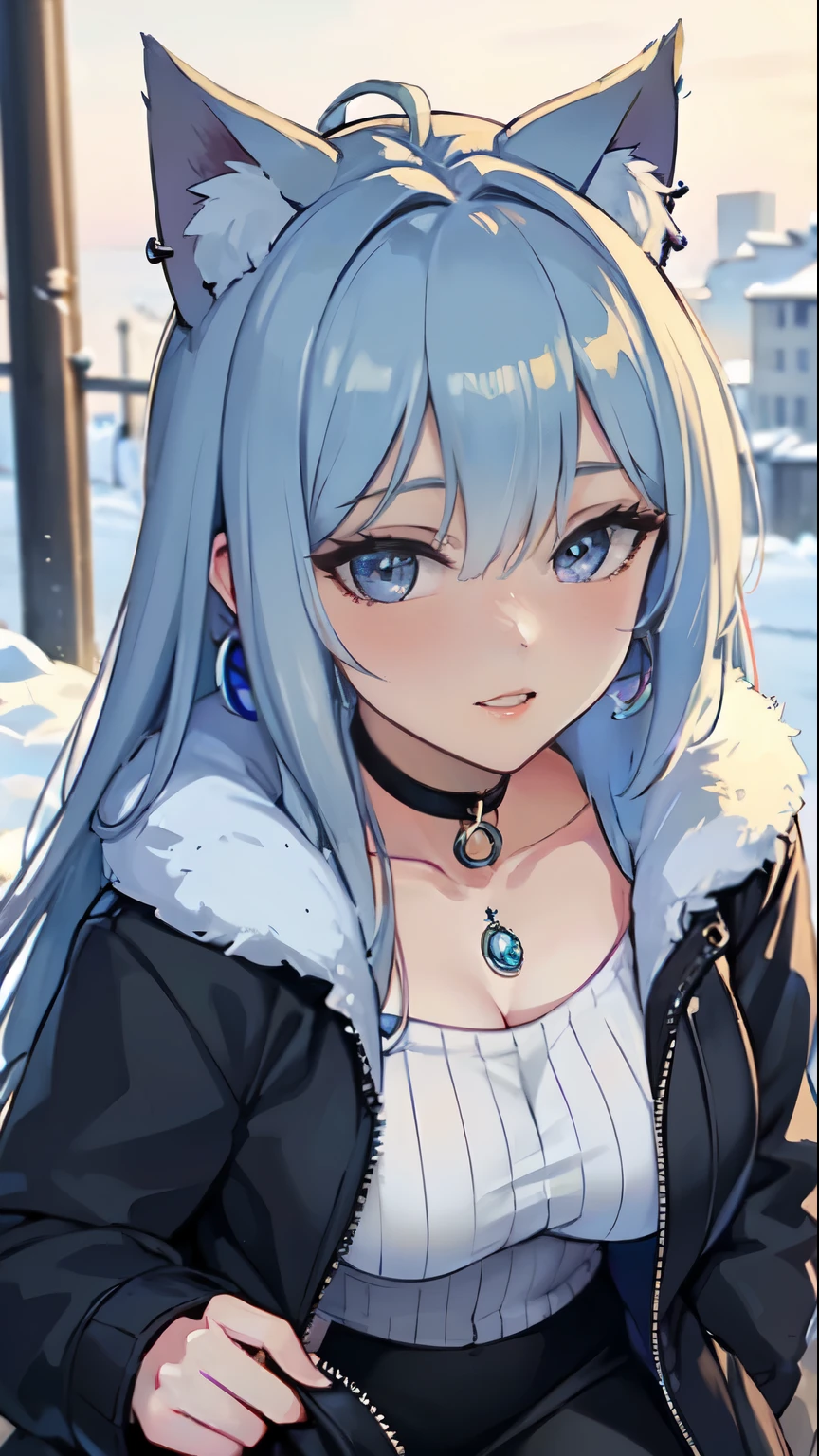 Masterpiece, beautiful art, professional artist, 8k, art style by sciamano240, very detailed face, very detailed hair, very detailed clothes, 1girl, perfectly drawn body, beautiful face, long hair, light blue hair , very detailed blue vertical cat eyes, square glasses, pouty lips , rosey cheeks, intricate details in eyes, extreme close up of face, see only head and neck, staring directly at viewer, wearing cute winter clothes, winter coat, sweater,necklace, choker, earrings, gloves, pencil skirt, black tigh boots, stockings,some freckles, big wide grin, in love with the viewer expression, morning winter setting, pov walking outside with viewer,