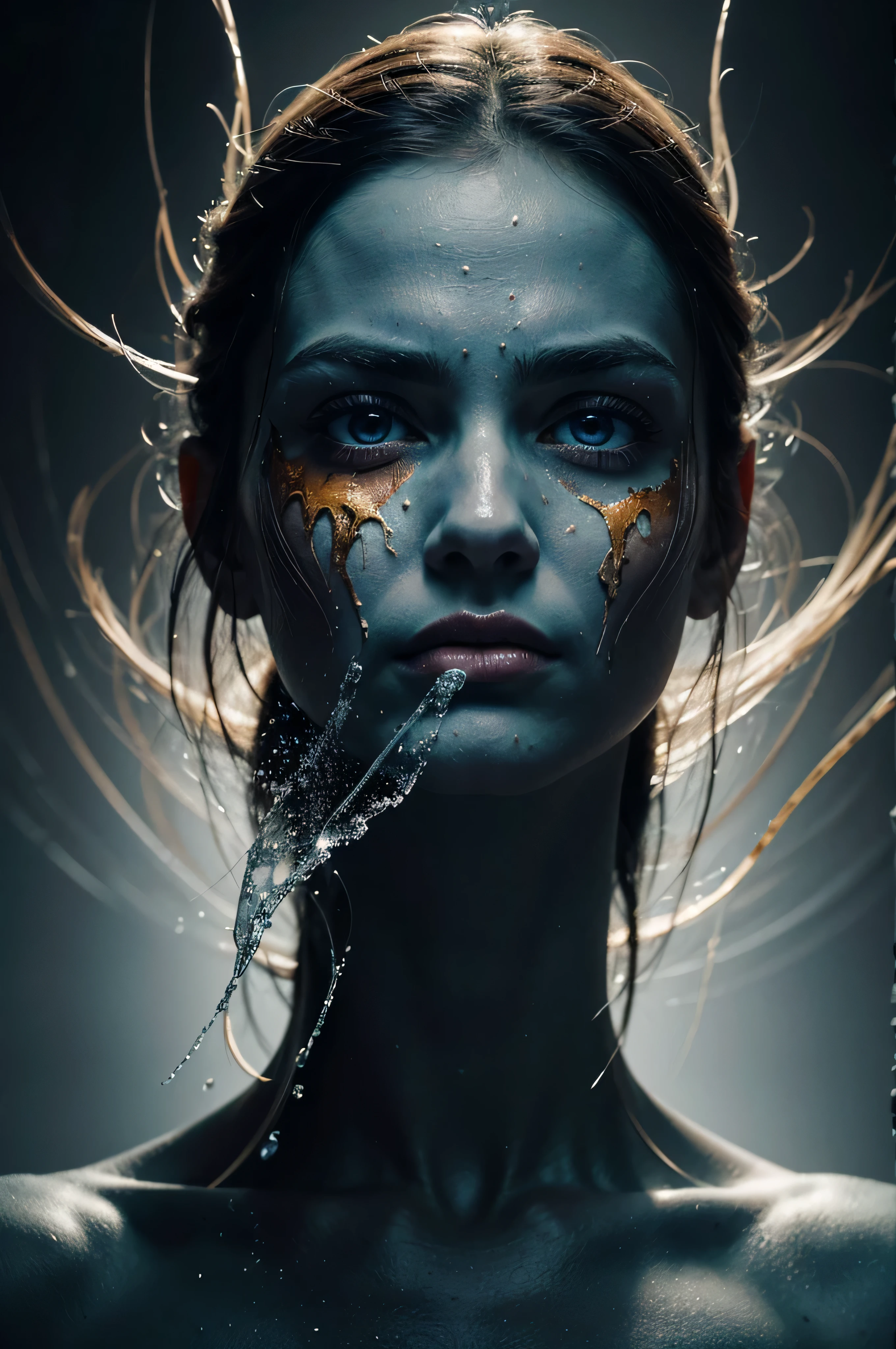 In the eternal struggle of self, one's own internal battles reign supreme. This captivating image, reminiscent of a powerful and thought-provoking painting, depicts the profound clash between two versions of oneself. Every detail is meticulously rendered, showcasing the inner turmoil through contrasting colors and textures. The central female naked figure, dressed in an ice-blue bathrobe, representing the individual, is portrayed with striking intensity, with muscles taut and eyes blazing. The surrounding background hints at the intricate layers of the human psyche, swirling with vibrant hues of conflicting emotions. This mesmerizing artwork evokes a sense of raw power and self-reflection, inviting viewers to confront their conflicts.
