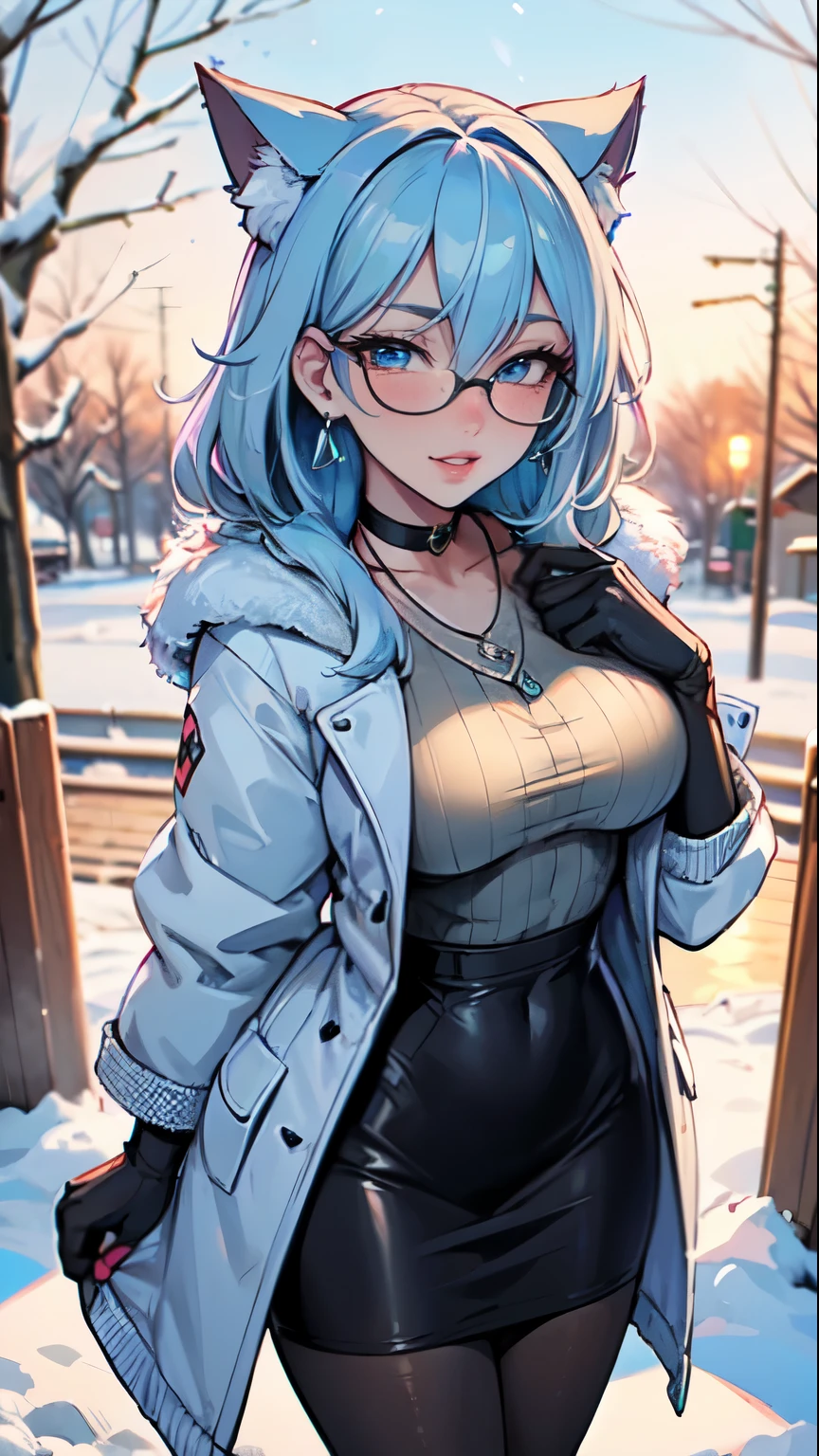 Masterpiece, high res, beautiful art, professional artist, 8k, art style by sciamano240, very detailed face, very detailed hair, very detailed clothes, 1girl, perfectly drawn body, beautiful face, long hair, light blue hair , very detailed blue vertical cat eyes, square glasses, pouty lips , rosey cheeks, intricate details in eyes, extreme close up of face, see only head and neck, staring directly at viewer, wearing cute winter clothes, winter coat, scarf, sweater, necklace, choker, earrings, gloves, pencil skirt, black tigh boots, stockings,some freckles, warm grin, in love with the viewer expression, morning winter setting, pov standing outside with viewer,