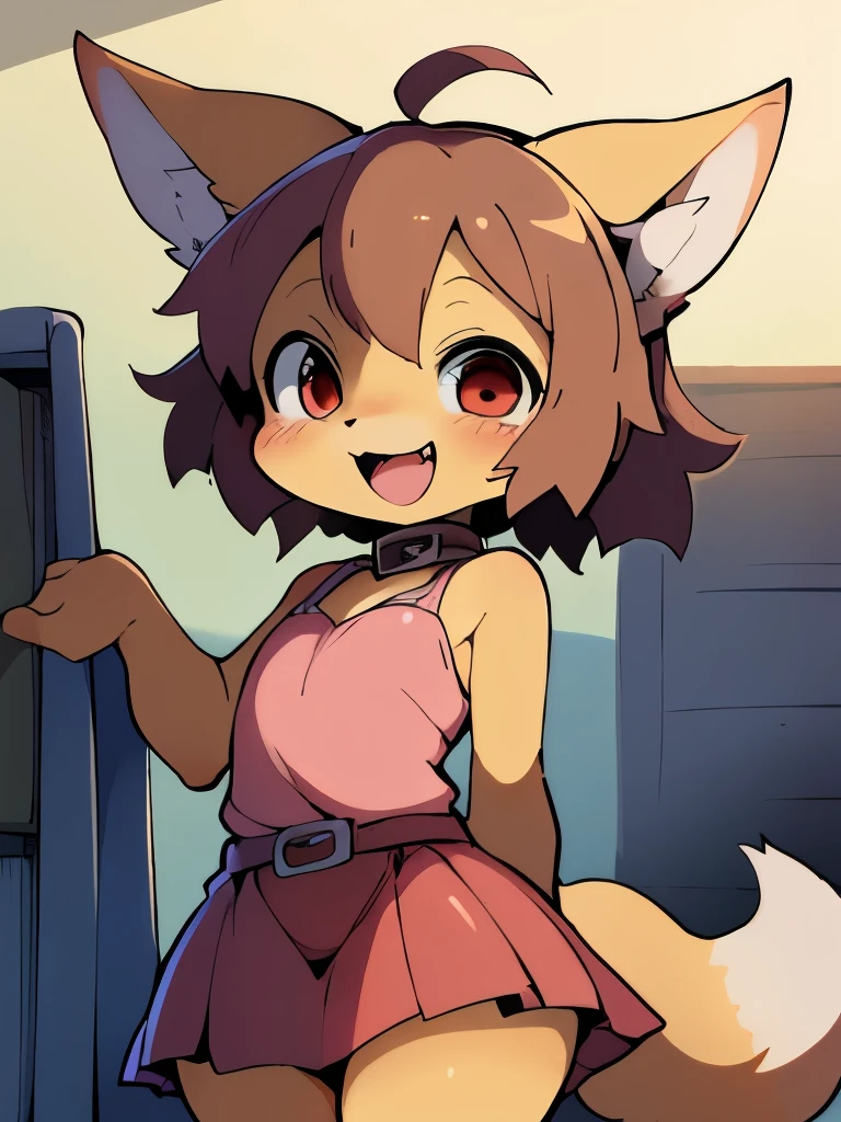 (, anthro, fennec fox, small hair, small ahoge, light brown hair, small snout, flat chest, fox tail, little thighs, ((long fur, yellow fur)), round head, round chin, small fangs and big red eyes) wearing (brown collar, pink blouse, red skirt, long skirt, leather belt), standing, tilting head, happy, by dagasi, by diives