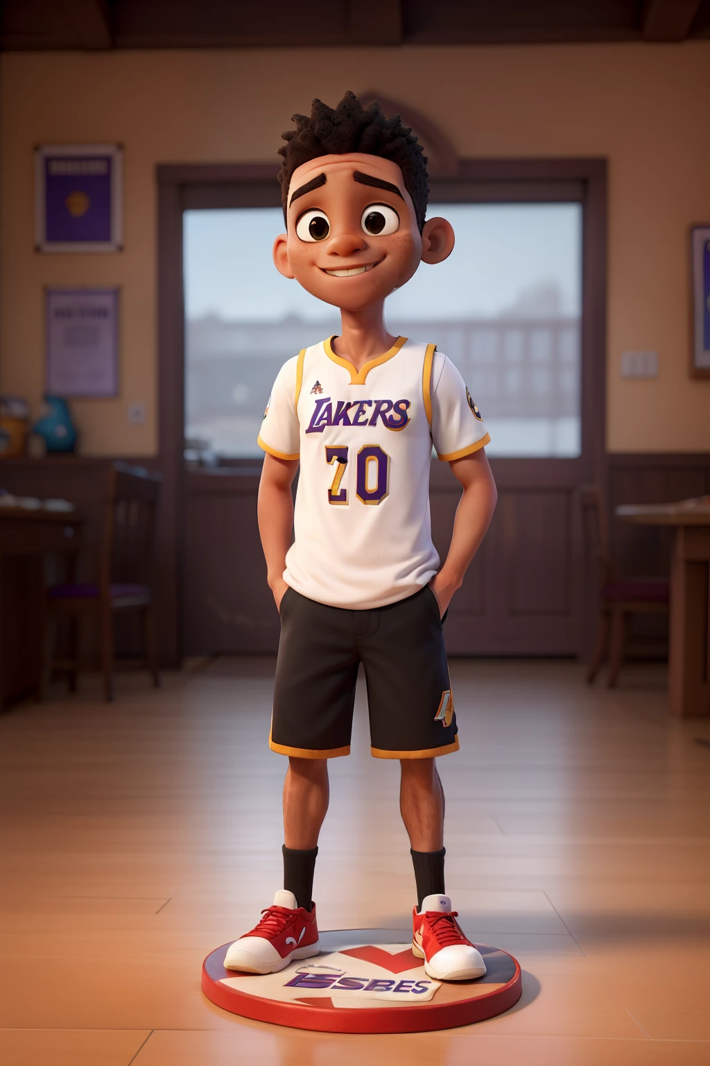 ((best quality)), ((master part)), (circunstanciado), rosto perfeito, de 8 anos com uma camisa escrita " Denver nuggets ", who is celebrating his 8th birthday, there is a lakers themed cake in front of him