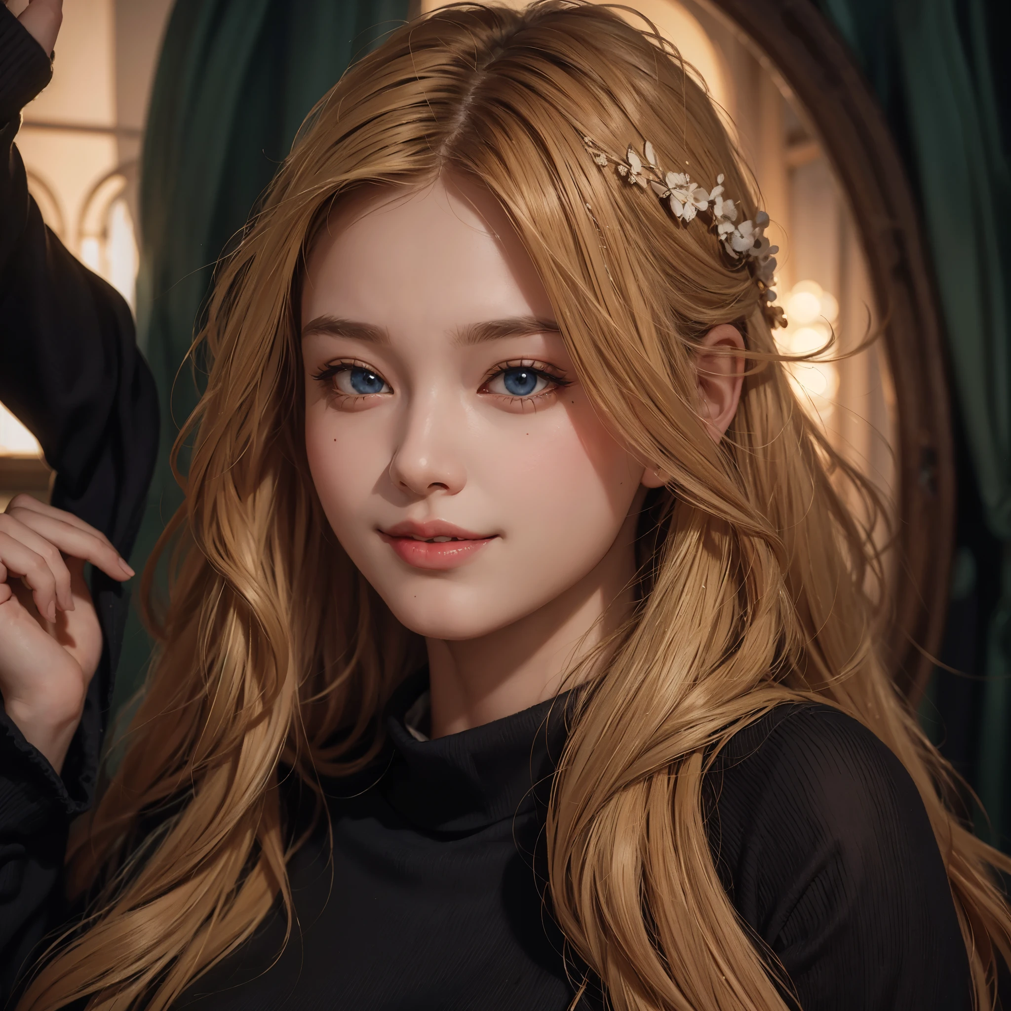 Arafed woman with long blond hair and turtleneck sweater, realistic art style, kawaii realistic portrait, realistic cute girl painting, realistic art style, soft portrait shot 8 k, artwork in the style of guweiz, realism art style, 8k portrait rendering, realistic digital painting, realistic 4k digital art, realistic 4k digital art, cute portrait