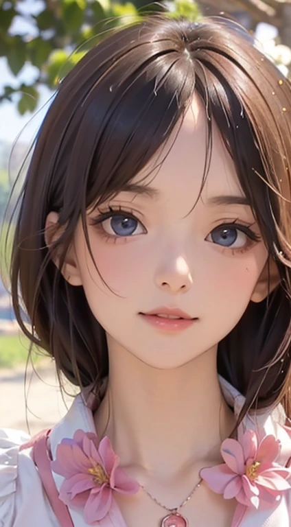 (masutepiece: 1.3), (max resolution: 1.2), (Ultra HDTV: 1.2), cinematric light, 8K resolution, Detailed eyes and skin, detailed facial features, Perfect limbs、Perfect fingers、Anatomically accurate body, Fingers in natural shape, Realistic texture, (Sharp Focus: 1.2), (Focus on Face:1.2), Perfect Style, (Beautiful face, kawaii eyes, Clear eyes、realisticeyes), acurate, Anatomically correct, ノ Highly detailed facial and skin texture, Detailed eyes, Double eyelids, Thin eyebrows, Glitter Eyeliner: 1 Natural cheeks, Glossy skin, Fair skin: 1.2, (Glossy lips: 1.4), (Shy look: 1.2),Highly detailed facial and skin texture, Detailed eyes, Double eyelids, Natural cheeks, ,shiny lips: 1.4, (#Slim waist), cleavage of the breast, Full body like, (red blush, embarrassed from:1.1), (shiny lips: 1.1), (Soft breasts, Firm chest, huge udder:1.2), Dressing, Neat and clean woman, 20yr old, 1 persons, 、female senior、bangs flowing diagonally, Brown hair, (pink green flower print skirt、flare style)、flower  field、photo shot、smil、have flowers。
