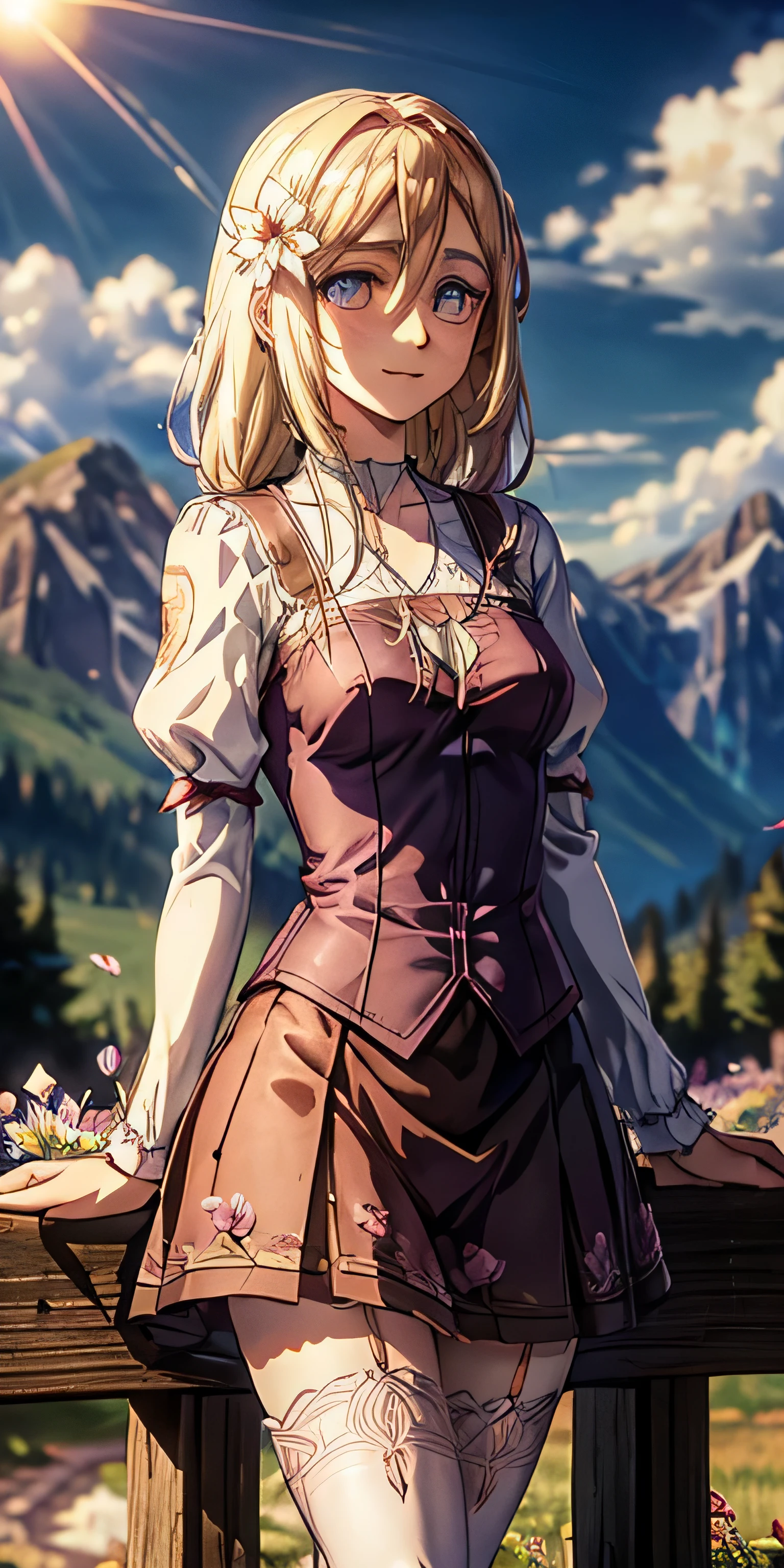 Historia Reiss, purple eyes, t-shirt, skirt, thighhighs, flower, petals, light smile,medium breasts, collarbone, depth of field, petals, (illustration:1.1), landscape, background, abstract, mountainous horizon, cloud, sun,