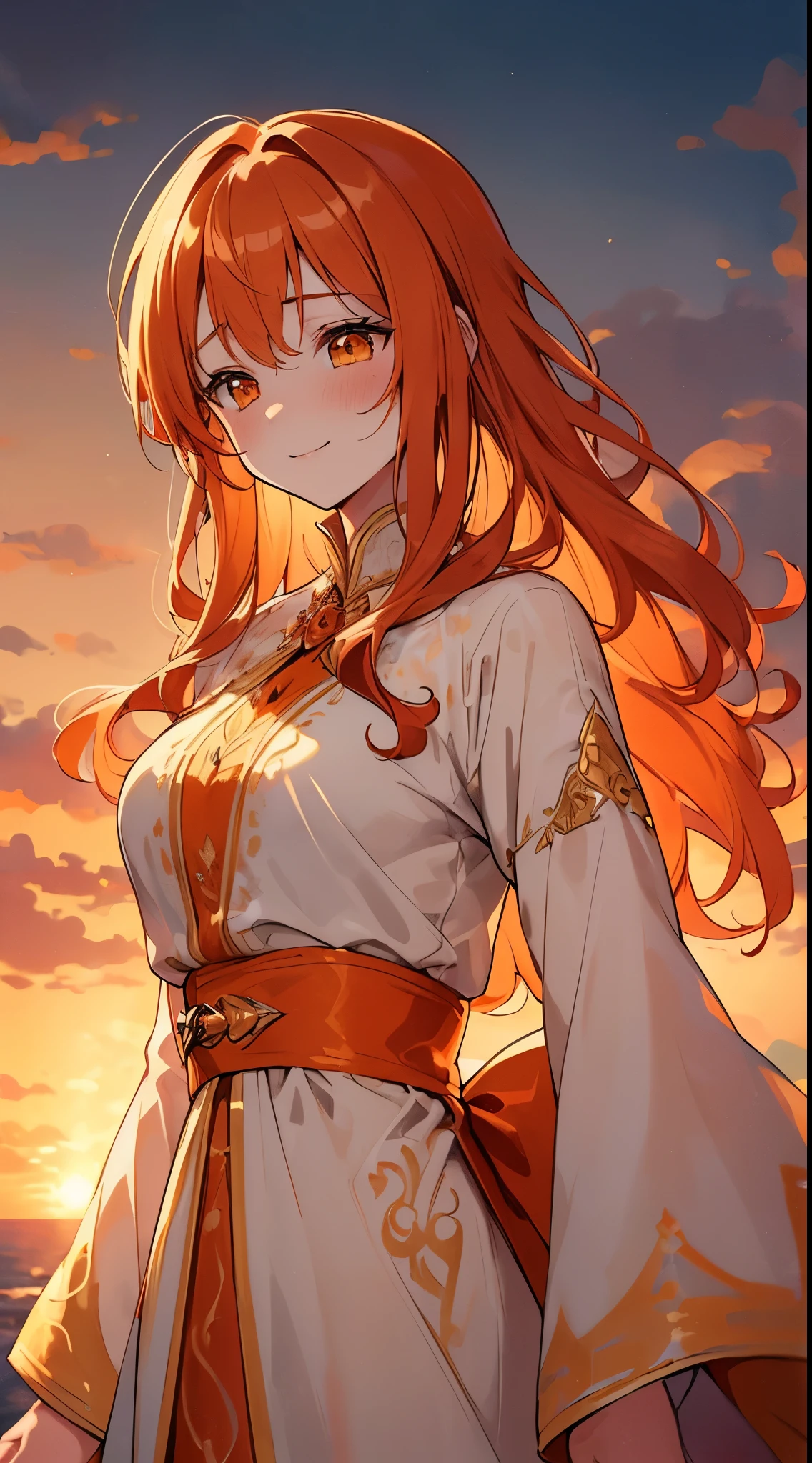 (((soft skin, beautiful, masterpiece, ultra-detailed))) ginger hair, orange eyes, wavy hair, silky hair, fit body, dynamic angle, fantasy, princess robes, royalty, gentle, sad smile, worried, sunset, castles background, masterpiece