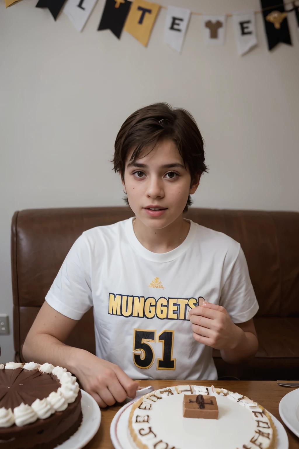 ((best quality)), ((master part)), (circunstanciado), rosto perfeito, de 5 anos com uma camisa escrita " Denver nuggets " is celebrating his 8th birthday and is eating a laker birthday cake