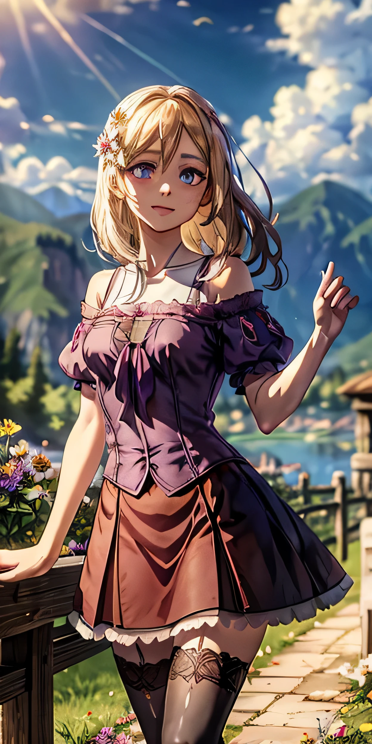 Historia Reiss, purple eyes, t-shirt, skirt, thighhighs, flower, petals, light smile,medium breasts, collarbone, depth of field, petals, (illustration:1.1), landscape, background, abstract, mountainous horizon, cloud, sun,