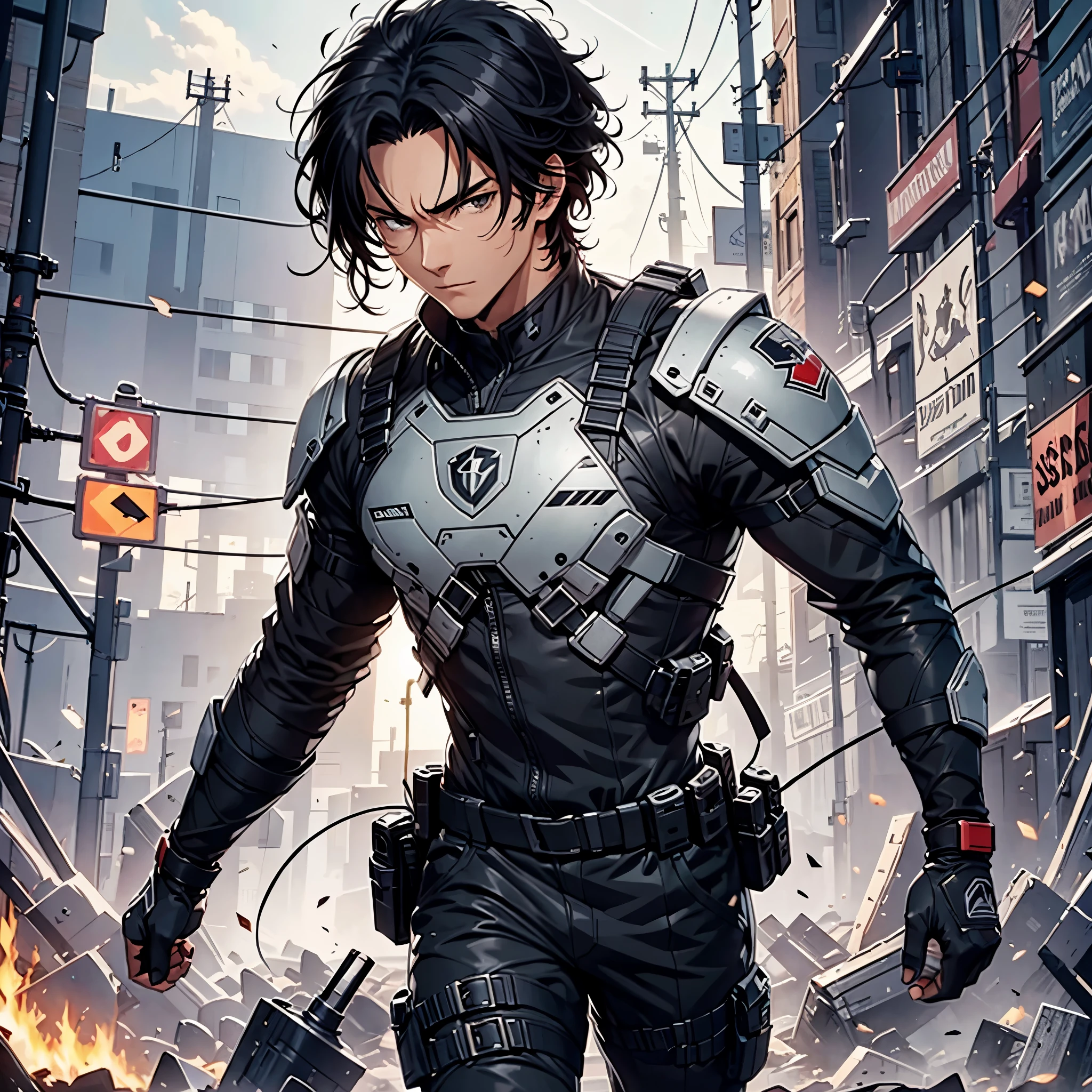 1man, handsome, wild black hair, wearing combat suit, masterpiece, 4k, top quality, highly detailed, official art, 8k, stunning