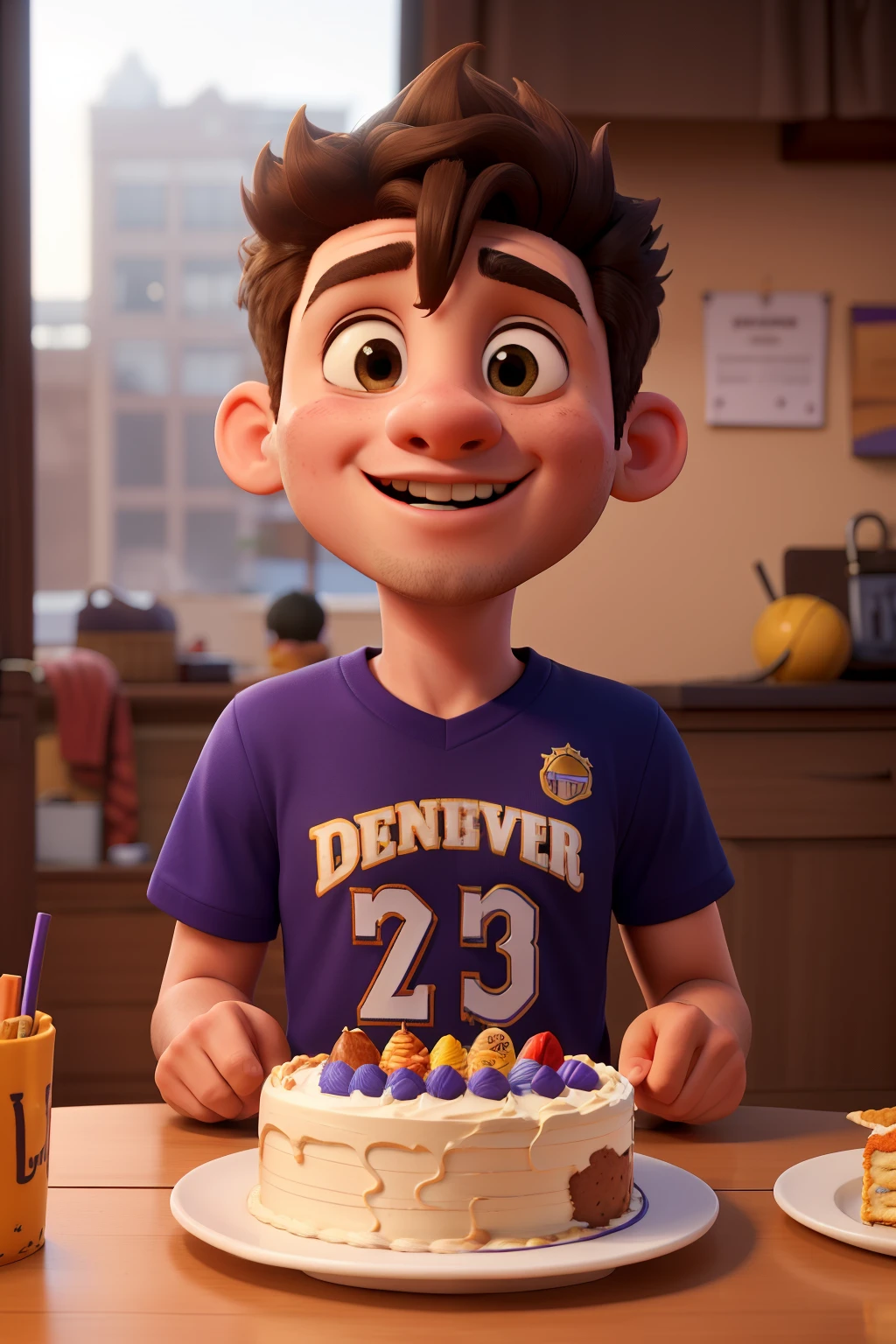 ((best quality)), ((master part)), (circunstanciado), rosto perfeito, menino de 5 anos com uma camisa escrita " Denver nuggets " is celebrating his 8th birthday and is eating a laker birthday cake