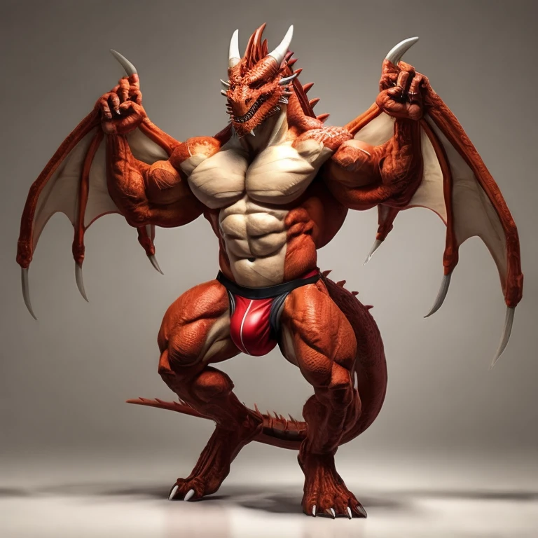 Muscular nude dragon in a jockstrap with a bulge