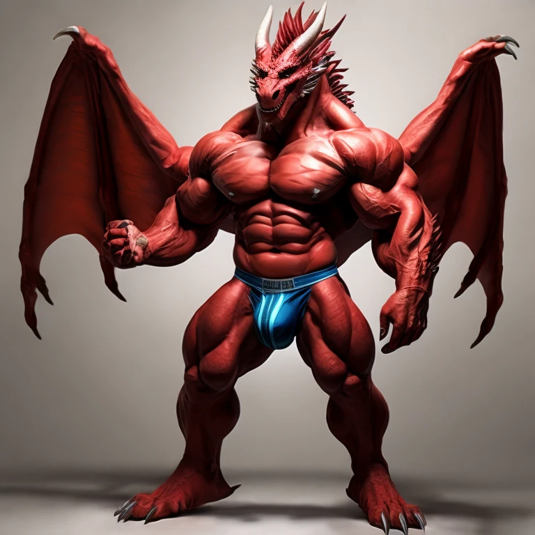 Muscular nude dragon in a jockstrap with a bulge