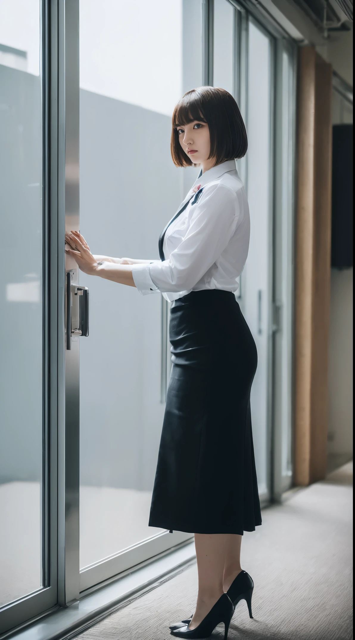 (masutepiece,High quality:1.3),(depth of fields:1.3) ,((front body:1.35)),  Japanese ,woman, bowl cut, (Women's business black suits black midi skirt ,White collared shirt:1.2),Huge breasts,(Looking at Viewer:1.3),(full body:1.2), Inside the office by the window