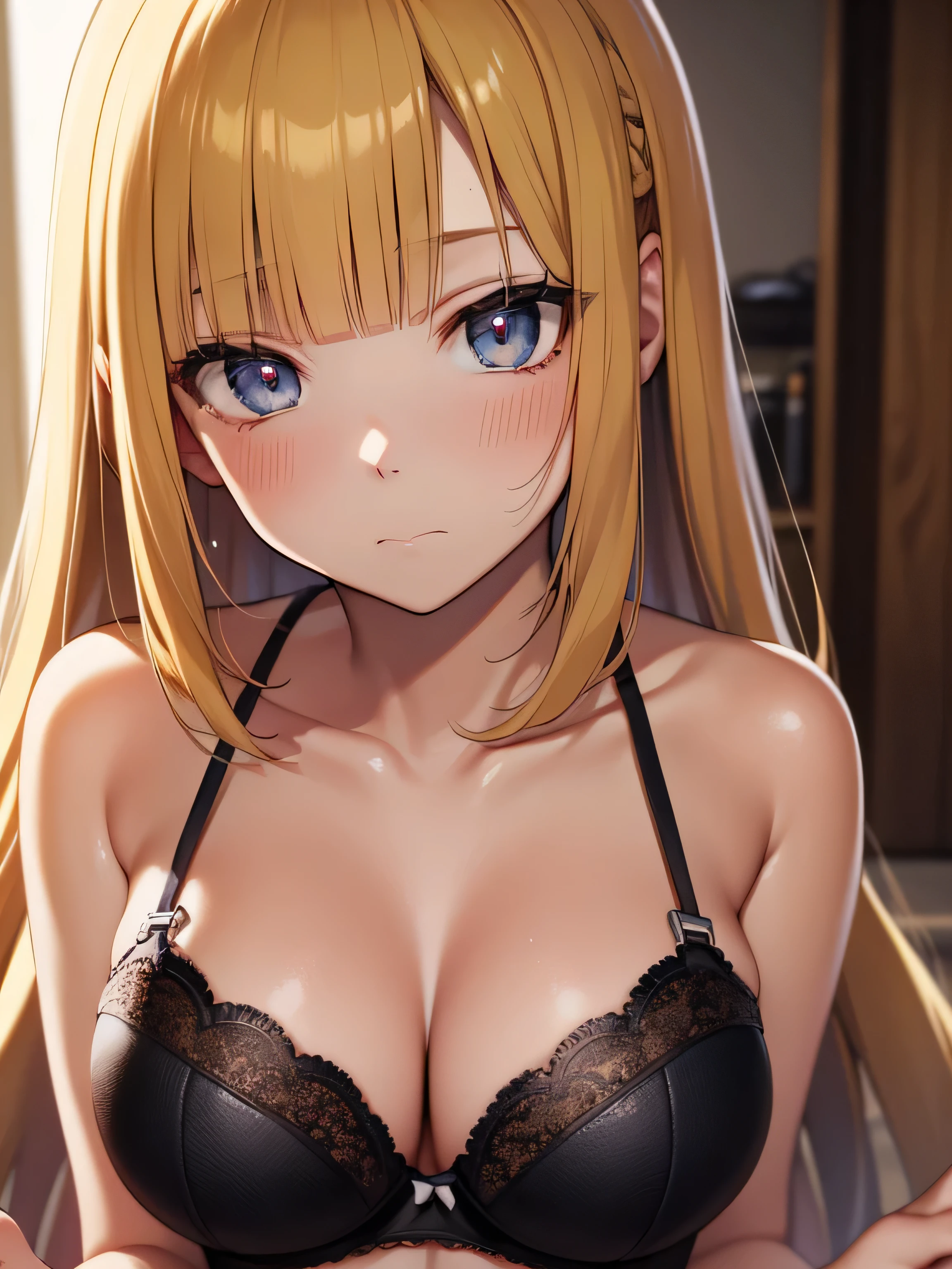 1Karuizawa system, Kei Karuizawa, 1gril, Solo, Beautuful Women, cleavage, medium breasts, ((Black bra)), Indoor, Bedroom, sitting on a bed, Long hair, Hair bangs, ((Blonde hair)), Long hair, lonely, Natural light, ((close up, POV)), Dynamic Angle, masutepiece, Best Quality, high details, High quality, 准确, Perfect Pixel, Textured skin, nffsw, Blushing, sad Facial expression, Beautiful eyes, Detailed eyes, Multicolor eyes, Glowing eyes, Perfect hands, Perfect Anatomy