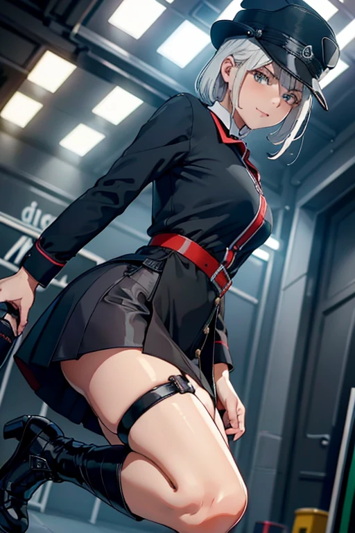 Face focused, 1girl, wearing tight red military uniform, open thighs to reveal red panties, squatting on the ground, tightened by panties, revealing shy expression, blushing, bag, bangs, berries, white hair, high ponytail, blue eyes, hair between eyes, jewelry, leaves, looking at the audience, female focus, necklace, solo, watch, watch, messy hair, trending on artstation, 8k resolution, very detailed, anatomically correct, clear images, digital painting, concept art , fashion trends on pixiv, Makoto Shinkai's style,