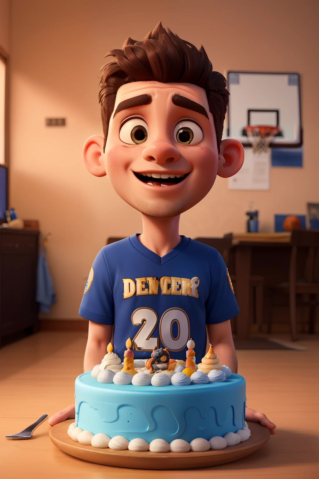 ((best quality)), ((master part)), (circunstanciado), rosto perfeito, menino de 5 anos com uma camisa escrita " Denver nuggets " is celebrating his 8th birthday and is eating a basketball team birthday cake called " DENVER "