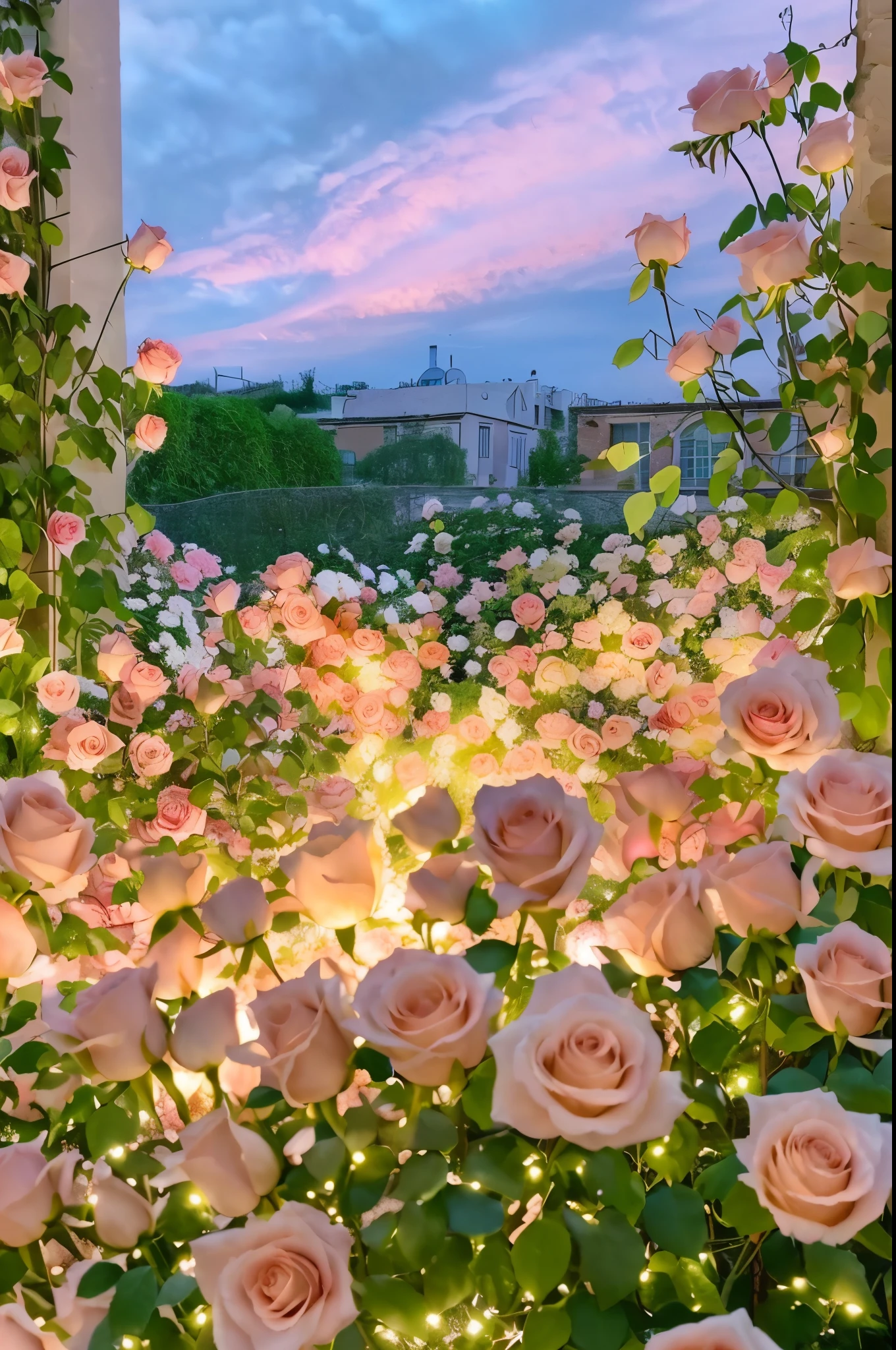 There are a lot of pink roses in the garden with lights, Beautiful and aesthetic, dreamy aesthetic, portal made of roses, lights with bloom, an aesthetic field of flowers, very magical and dreamy, rose pink lighting, roses in cinematic light, night sky full of flowers, beautiful ambiance, beautiful aesthetic lighting, Glowing flowers, glowing aesthetic, Dreamy atmosphere, floral sunset