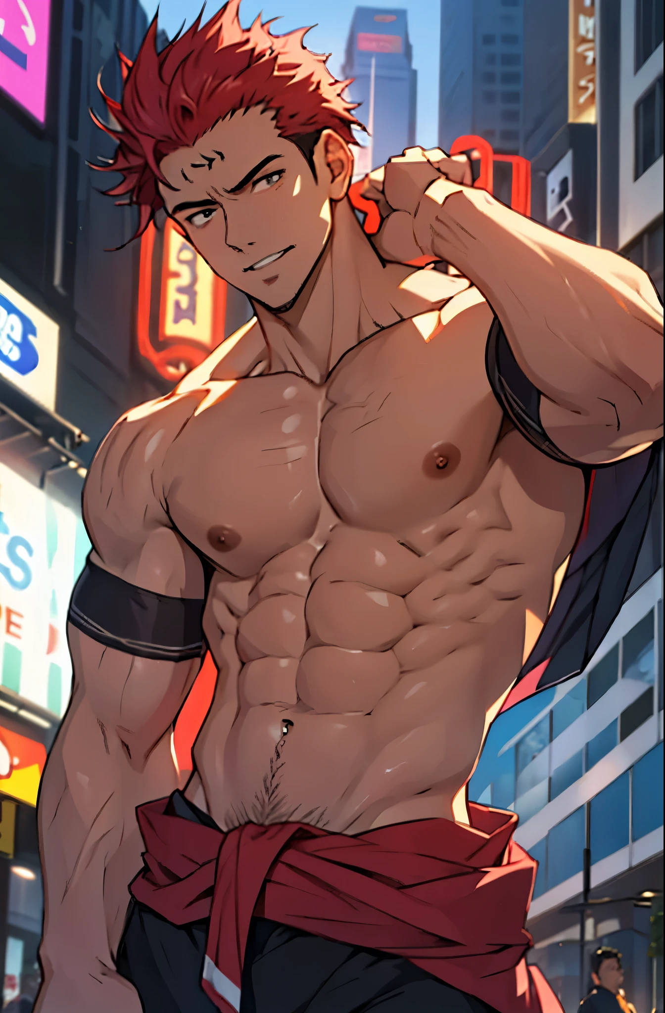 A mais alta qualidade, 8K, image high resolution, Detailed strokes, no meio de uma avenida movimentada estilo Times Square, muito sol, 夏天 , muito calor, apoiado em um dos postes, adolecente, Red Hair, no shirt , masculo, swollen chest , suado, (Angle that highlights your muscles ), (Angulo Perto) , musculos amostra, pernas definidas, defined arms, abdomen definido, no shirt, corpo suado por causa do calor, lindos corpo musculoso e definido, corpo detalhado