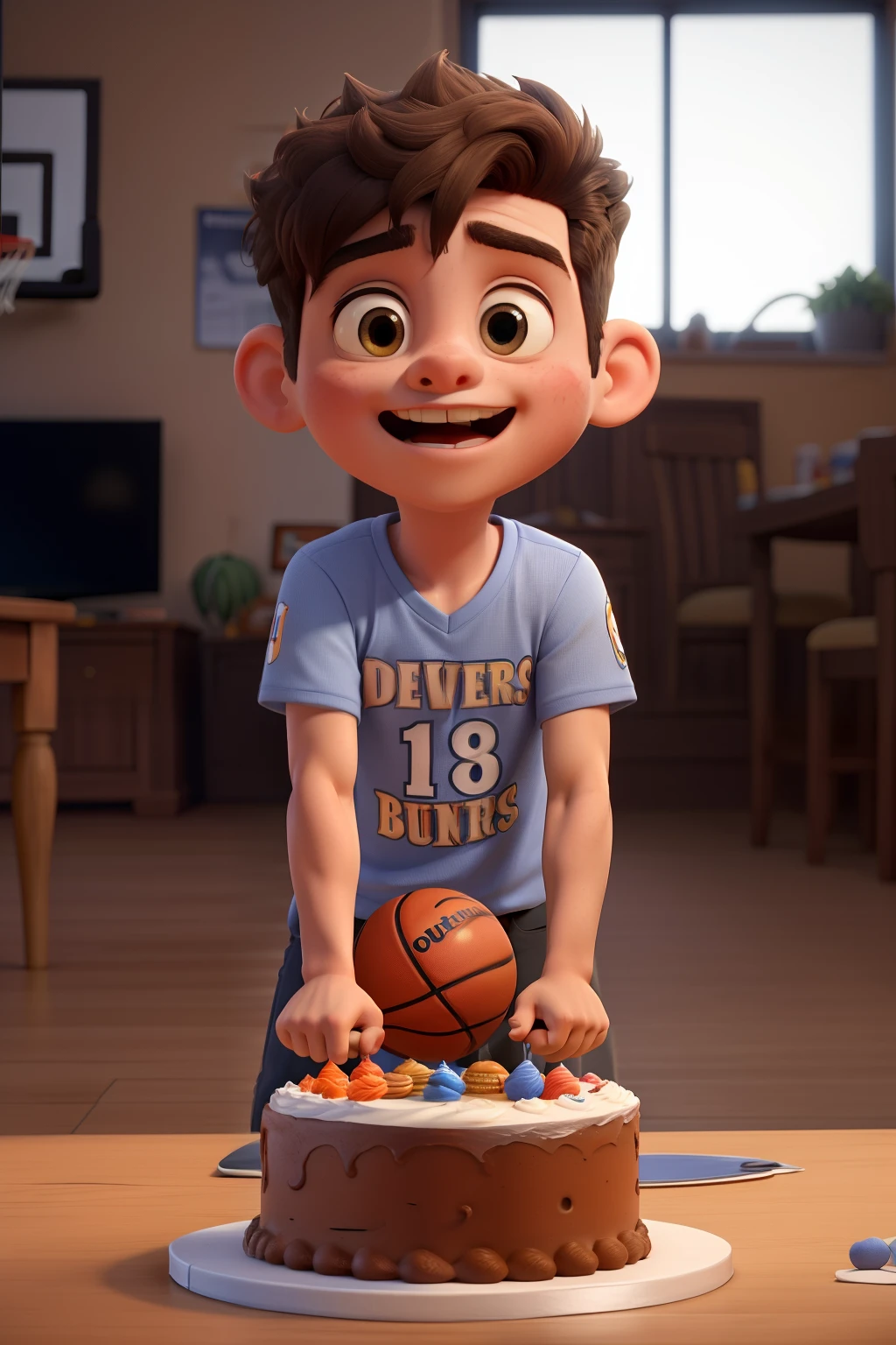((best quality)), ((master part)), (circunstanciado), rosto perfeito, de 5 anos com uma camisa escrita " Denver nuggets " is celebrating his 8th birthday and is eating a basketball team birthday cake called " DENVER "