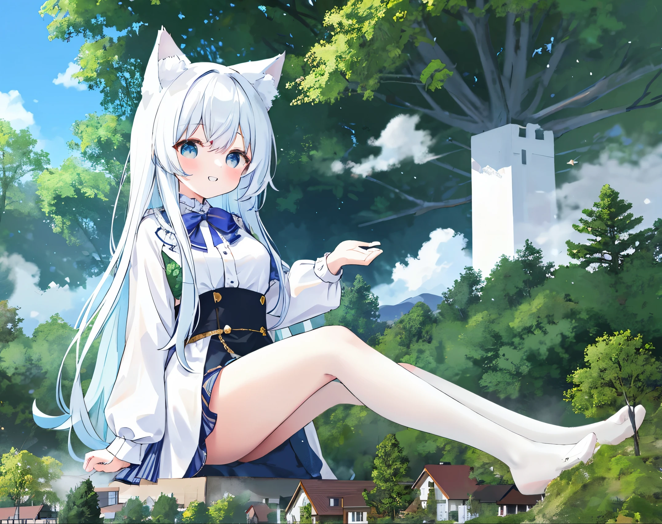 One girl,cloud, In the forest,mountains,koyama, masterpiece, The best quality at its best, The content is very detailed,masterpiece,The best quality at its best,Official Art,Highly detailed CG synthesis 8k wallpaper,{{{Giant}}},Giant Girl,100 Meter Tall Girl,1 girl,Gray Hair, Wolf Ears, Miniature Village,Without shoes,Grin,Sitting in the forest ,Steam coming from the feet,