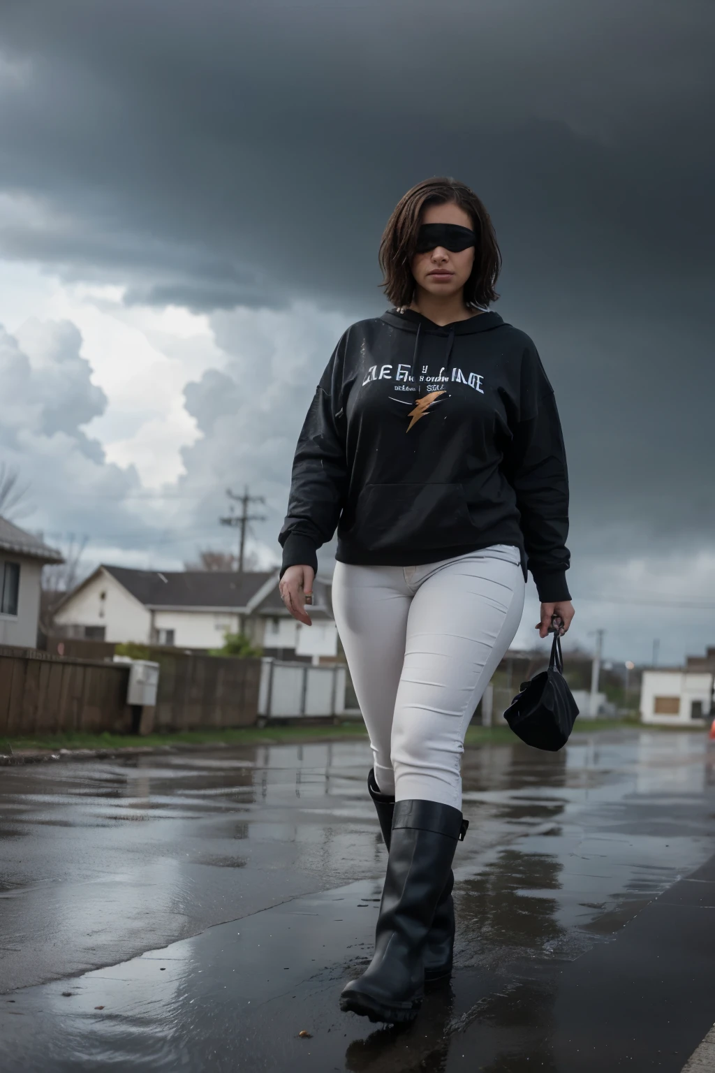 An acrylic oil image of a detailed background. Include in the background a rainstorm with dark gray Stratocumulus cloud with lightning above the high building. She is soaking wet and walking through the storm with a red blindfold towards the foreground with an area of smoke below her. She is a plus size African American woman, short deep wavy pixie cut that is wet, black sweatshirt “WALKING BY FAITH” written in white letters. She is in black jeans, red boots rain boots. She’s wet and walking through a storm, everything seems to be falling apart but her strength is overpowering the storm she’s facing.