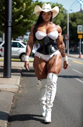 50 year old black female bodybuilder, large thighs, (white corset), (cowboy hat), (high heels), ((latex boots)), walking bus stop, (((full body shot)))