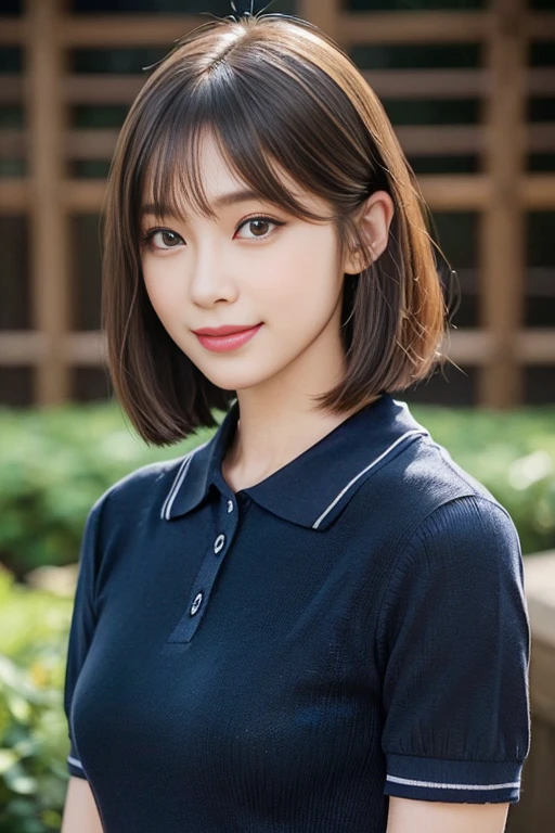 ((Detailed and super high quality:1.3)),((Realistic and super high quality:1.hot reality:1.3)),((Very realistic textures:1.3)), Japanair and beautiful skin、((Beautiful straight bob hair:1.5))、((Super Detail Face))Eye of Detail、二重まぶた、foco nítido:1.2 Light brown hair、最hightquality、超A high resolution、(Photorealista:1.4)、Highly detailed and professional lighting smile、Gentle expression、((Shy smile:1.3)) very classy and intelligent stylish and neat Trend Fashion ((Dark navy Luxury short sleeve knit polo shirt))、((21years old:1.3)) ((realistic skin textures:1.5)) Amazing close-up of a very beautiful face Beautiful girl Beautiful bob hair down to the tips Slender body type ((kawaii:1.3)) (Detailed, hightquality, Realistic depiction of eyes:1.3)