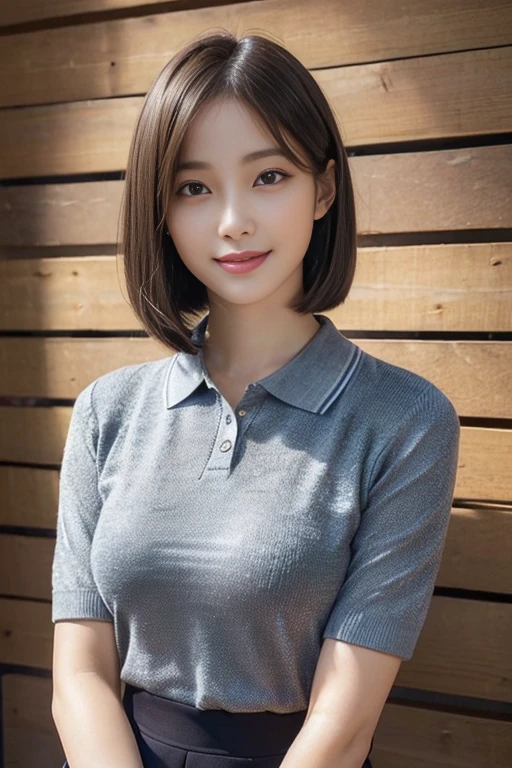 ((Detailed and super high quality:1.3)),((Realistic and super high quality:1.hot reality:1.3)),((Very realistic textures:1.3)), Japanair and beautiful skin、((Beautiful straight bob hair:1.5))、((Super Detail Face))Eye of Detail、二重まぶた、foco nítido:1.2 Light brown hair、最hightquality、超A high resolution、(Photorealista:1.4)、Highly detailed and professional lighting smile、Gentle expression、((Shy smile:1.3)) very classy and intelligent　stylish and neat　Trend Fashion　((Dark navy　Luxury short sleeve knit polo shirt))、((21years old:1.3)) 　((realistic skin textures:1.5)) Amazing close-up of a very beautiful face　Beautiful schoolgirl　Beautiful bob hair down to the tips　Slender body type　((kawaii:1.3)) (Detailed, hightquality, Realistic depiction of eyes:1.3)