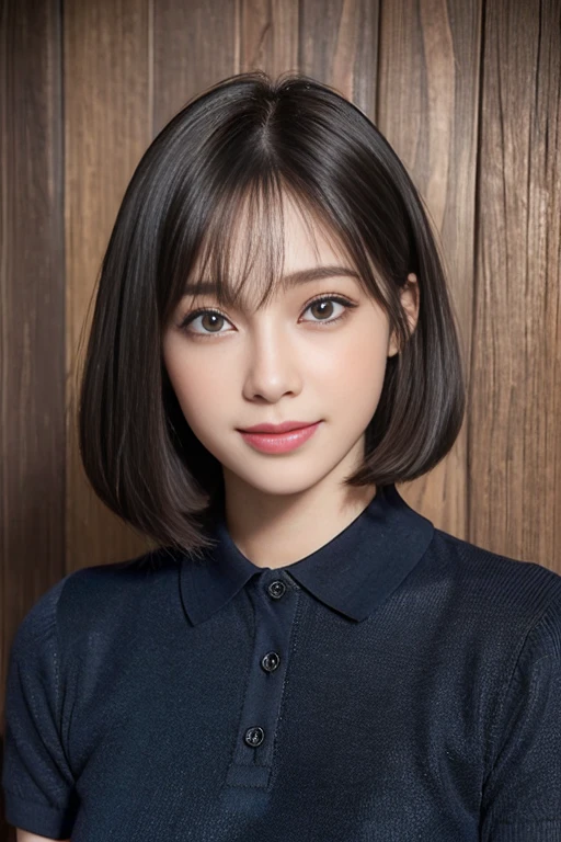 ((Detailed and super high quality:1.3)),((Realistic and super high quality:1.hot reality:1.3)),((Very realistic textures:1.3)), Japanair and beautiful skin、((Beautiful straight bob hair:1.5))、((Super Detail Face))Eye of Detail、二重まぶた、foco nítido:1.2 Light brown hair、最hightquality、超A high resolution、(Photorealista:1.4)、Highly detailed and professional lighting smile、Gentle expression、((Shy smile:1.3)) very classy and intelligent　stylish and neat　Trend Fashion　((Dark navy　Luxury short sleeve knit polo shirt))、((21years old:1.3)) 　((realistic skin textures:1.5)) Amazing close-up of a very beautiful face　Beautiful girl　Beautiful bob hair down to the tips　Slender body type　((kawaii:1.3)) (Detailed, hightquality, Realistic depiction of eyes:1.3)