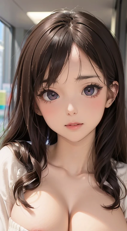 (masutepiece: 1.3), (max resolution: 1.2), (Ultra HDTV: 1.2), cinematric light, 8K resolution, Detailed eyes and skin, detailed facial features, Perfect limbs、Perfect fingers、Anatomically accurate body, Fingers in natural shape, Realistic texture, (Sharp Focus: 1.2), (Focus on Face:1.2), Perfect Style, (Beautiful face, kawaii eyes, Clear eyes、realisticeyes), acurate, Anatomically correct, ノ Highly detailed facial and skin texture, Detailed eyes, Double eyelids, Thin eyebrows, Glitter Eyeliner: 1 Natural cheeks, Glossy skin, Fair skin: 1.2, (Glossy lips: 1.4), (Shy look: 1.2),Highly detailed facial and skin texture, Detailed eyes, Double eyelids, Natural cheeks, ,shiny lips: 1.4, (#Slim waist), cleavage of the breast, Full body like:1.1, (red blush, embarrassed from:1.1), (shiny lips: 1.1), (Soft breasts, Firm chest, huge udder:1.3), Dressing, Neat and clean woman, 20yr old, 1 persons, bangs flowing diagonally, Brown hair, (pastel knit sweater、Pleated mini-skirt、lowfers)、atlibrary、Know、Boken、composure、