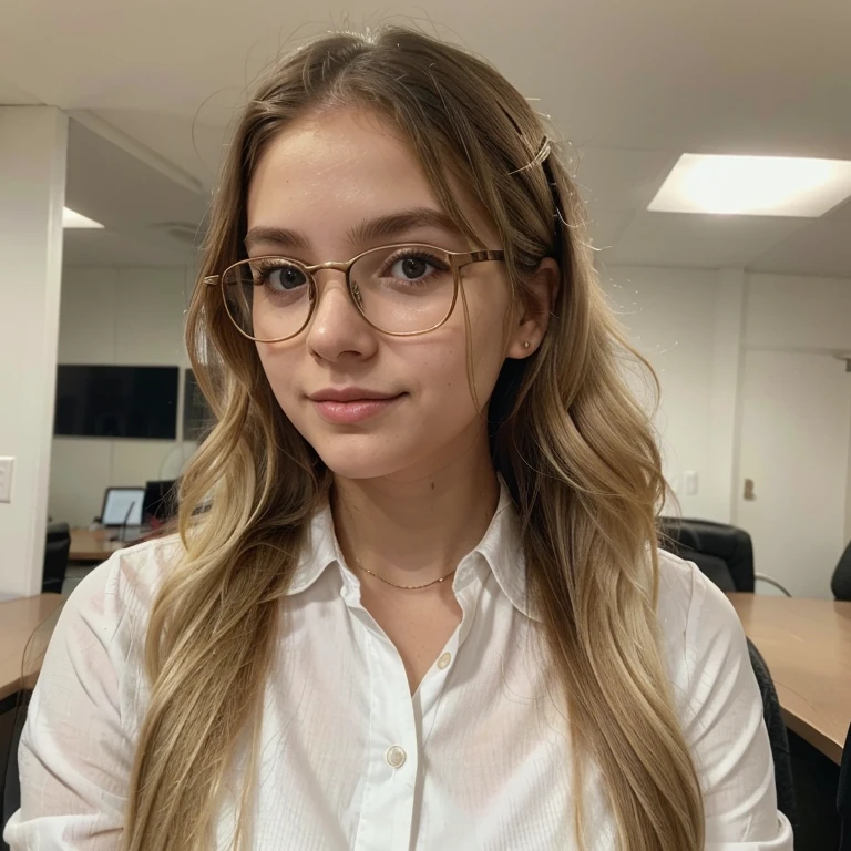 a close up of a white colombian girl aged 26, wavy long blonde hair, profile pic, without glasses, profile photo, she has a cute face, profile image, working at office, portait photo profile picture, !!wearing modern glasses!!, selfie of a young woman, thick glasses, 25 years old, cute beautiful, formal clothes, peace sign with left hands
