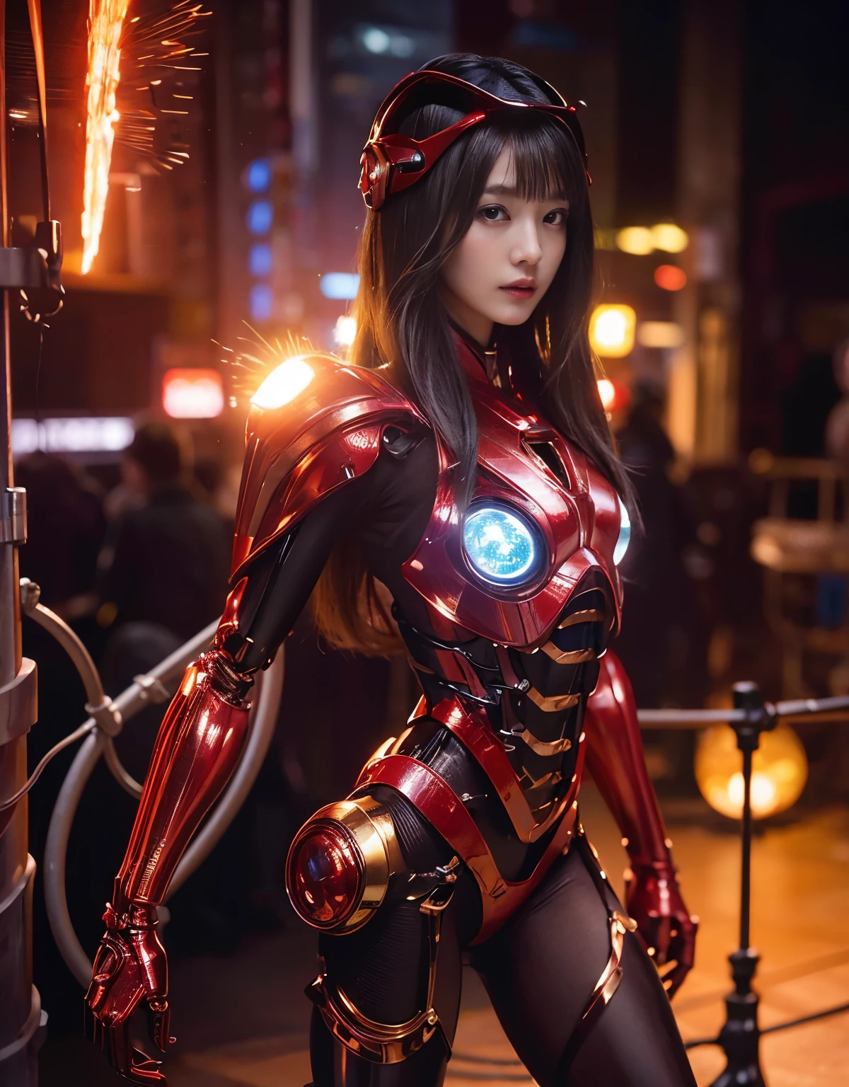 (Skimpy mechanical girl and alien background)、（Mystical expression）、top-quality、​masterpiece、超A high resolution、(Photorealsitic:1.4)、Raw photo、***1人、glowy skin、(((1 Mechanical Girl)))、（red metalボディスーツ）、(Natural alien background to fight aliens)、(Small LED)、((super realistic details))、vertical giant monster background),globalillumination、Shadow、octan render、8K、ultrasharp、机器人の背景、Colossal tits、Raw skin exposed in the cleavage、red metal、Details of complex ornaments、Japan details、highly intricate detail、Realistic light、(Mystical expression),CG Society Trenlow Eyes、Eyes shining towards the camera、Mechanical marginal blood vessels connected to neon detail tubes)、(Wires and cables connecting to the head)、Small LED、,Mechanical thighs、Toostock、（Hands are also made of machines）、机器人、future alien、Please wear a mechanical helmet、