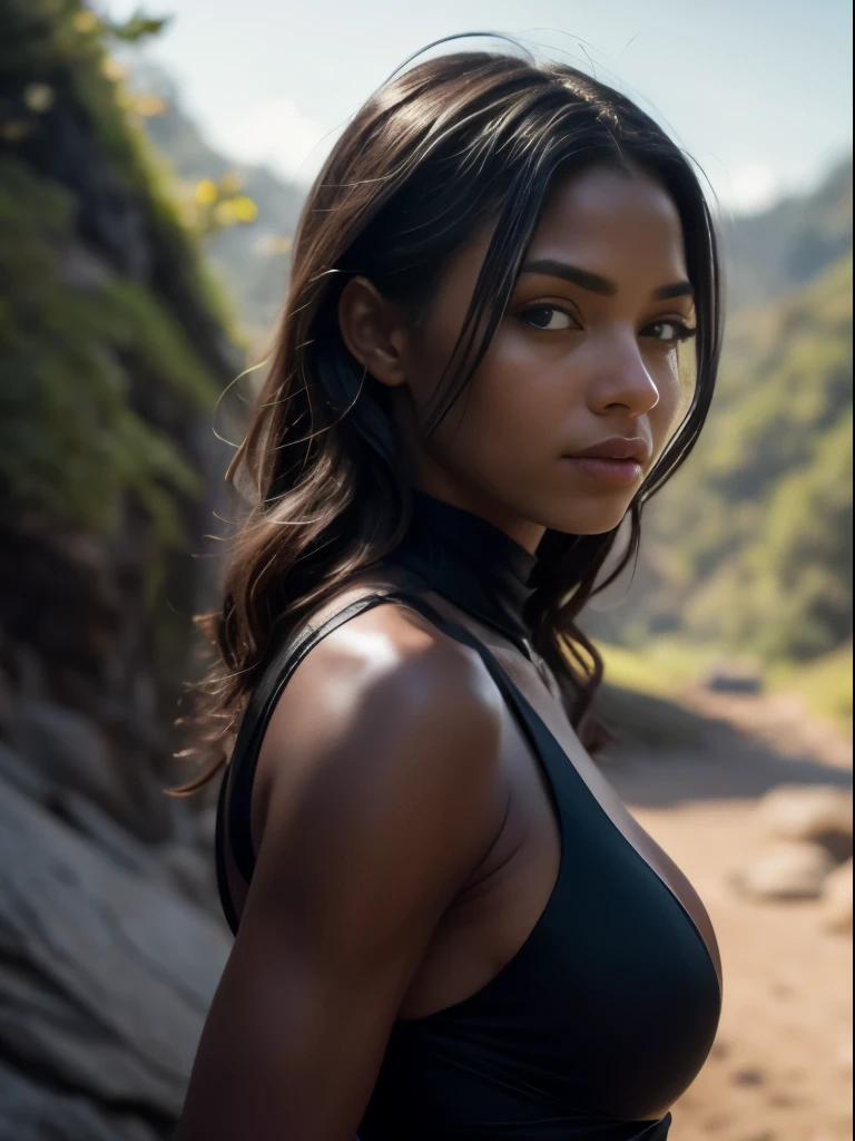 Foto profissional de corpo inteiro, (foto 4k:1.1) por (Jeremy Lipking:0.3), (Dittmann Anna:0.3), (Jiner:0.3), (Crisp Focus:1.3), Very high detail, mulher de pele negra, vestido longo preto, cabelos ondulados, Pose da modelo do Instagram, confiante, magra, seiosgrandes:1.3, anatomie porfaite, simetria perfeita:1.2, Realista, Rosto realista:1.2, visage porfait, Content, confiante, altamente detalhado, and dramatic, Kinematic lighting, Lighting Scene, luzes suaves
