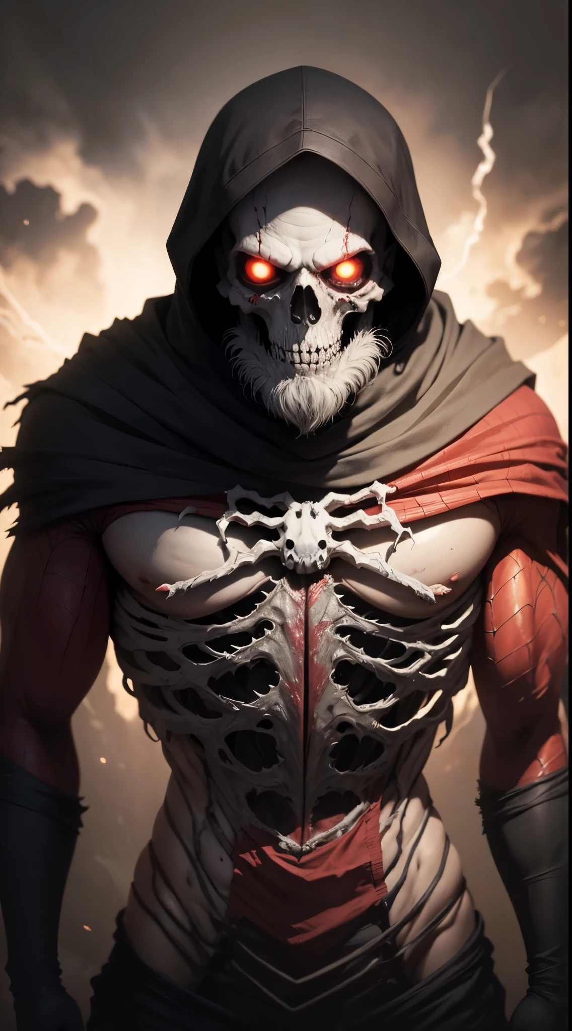 Stunning illustration, zombie Santa emerges from the darkness with a skeletal, decomposed figure, wrapped in his iconic red and white clothes, ahora desgastado y desgarrado. Their pale, decomposed skin shows visible bones in some areas, while muscles, mostly consumed, apenas sostienen su estructura. Sus ojos, una vez vivaces, now they are empty and opaque, surrounded by dark circles that accentuate their macabre nature.El traje, manchado de sangre seca y mugre, cuelga de su cuerpo en jirones, revelando hueso y carne muerta en varios puntos. Aunque su aspecto es espeluznante, Arachnid agility is still discernible in its hunched posture and in the remains of cobwebs clinging to its body..paisaje nocturno y siniestro, con una luna llena brillante pero distorsionada, rodeada de nubes ominosas y tormentosas. Faint rays of light filter through the clouds, bathing the zombie Spider-Man in spectral illumination.
