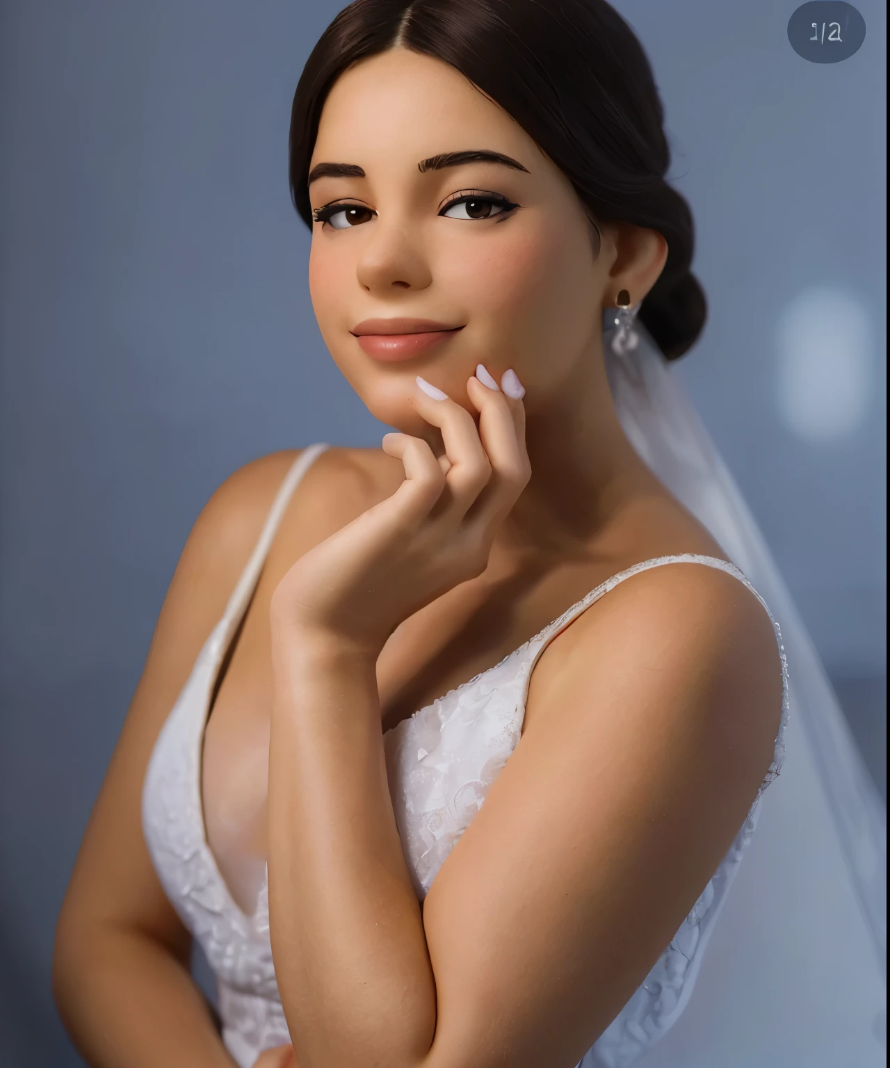 brunette girl with perfect hand on her face wearing white dress discreet smile and looking to the side