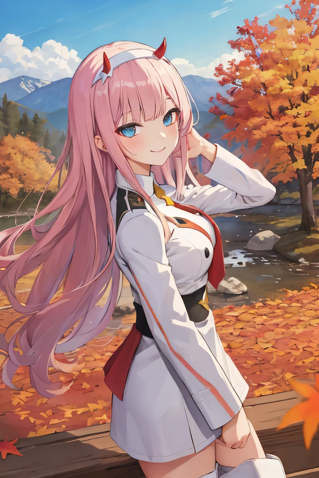 ((masterpiece)), (best quality), official art, extremely detailed CG, unity 8k wallpaper, ultra detailed,
1girl, zero_two, long hair, horns, hairband, white hairband, medium breasts, very long hair, straight hair, red horns, blue eyes,  necktie, uniform, military, military uniform, long sleeves,  (white boots:1.4), black pantyhose,
smile,
outdoors, upper body, 
mountain, autumn leaves, wind, 
sketch lines, sketch, pastel, watercolor,