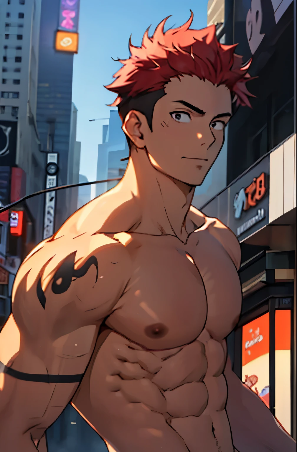 A mais alta qualidade, 8K, image high resolution, Detailed strokes, no meio de uma avenida movimentada estilo Times Square, muito sol, 夏天 , muito calor, apoiado em um dos postes, adolecente, Yuji Itadori , Red Hair, no shirt , masculo, swollen chest , suado, (Angle that highlights your muscles ), (Angulo Perto) , musculos amostra, pernas definidas, defined arms, abdomen definido, no shirt, corpo suado por causa do calor, lindos corpo musculoso e definido, corpo detalhado
