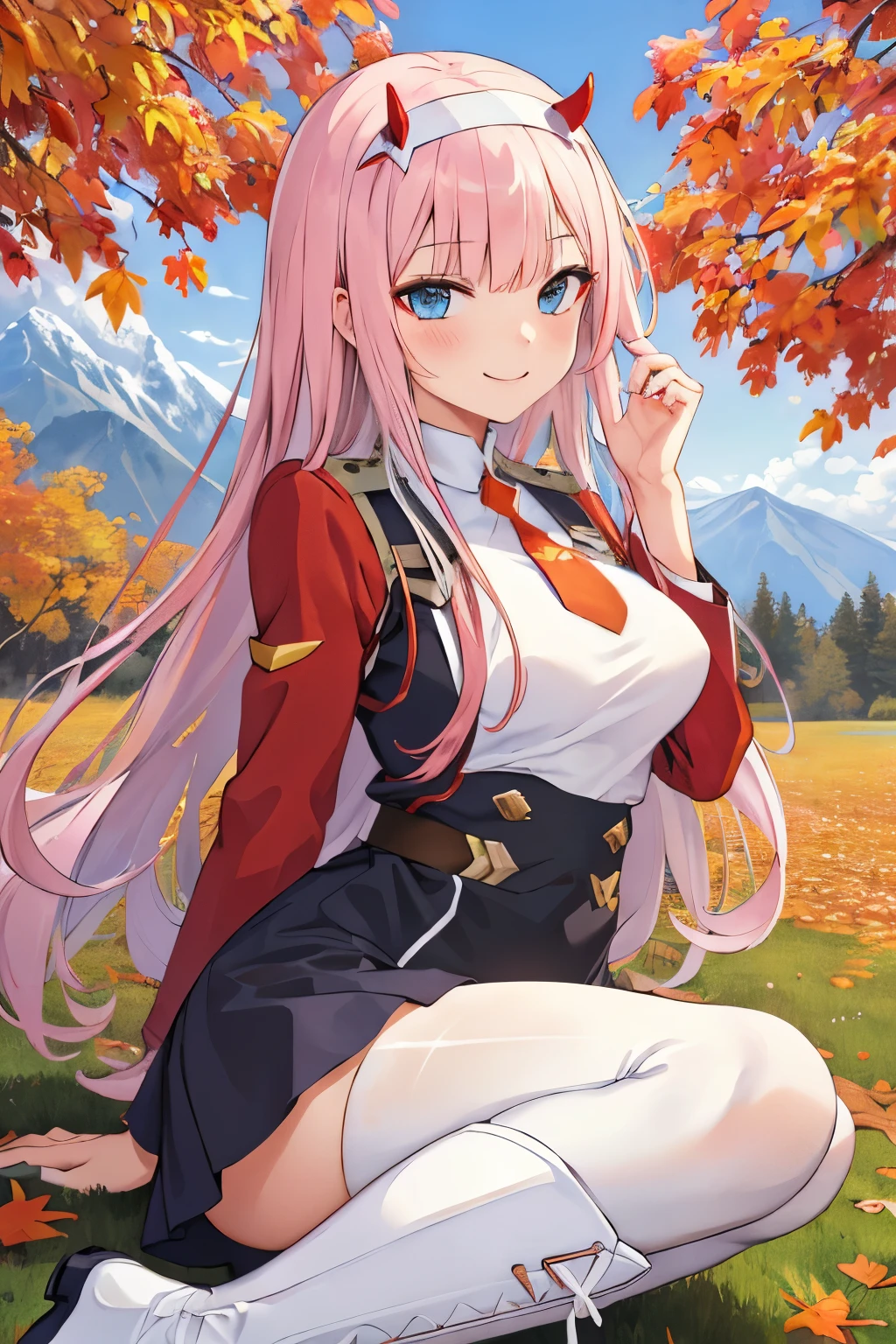 ((masterpiece)), (best quality), official art, extremely detailed CG, unity 8k wallpaper, ultra detailed,
1girl, zero_two, long hair, horns, hairband, white hairband, medium breasts, very long hair, straight hair, red horns, blue eyes,  necktie, uniform, military, military uniform, long sleeves,  (white boots:1.4), black pantyhose,
smile,
outdoors, upper body, 
mountain, autumn leaves, wind, 
sketch lines, sketch, pastel, watercolor,