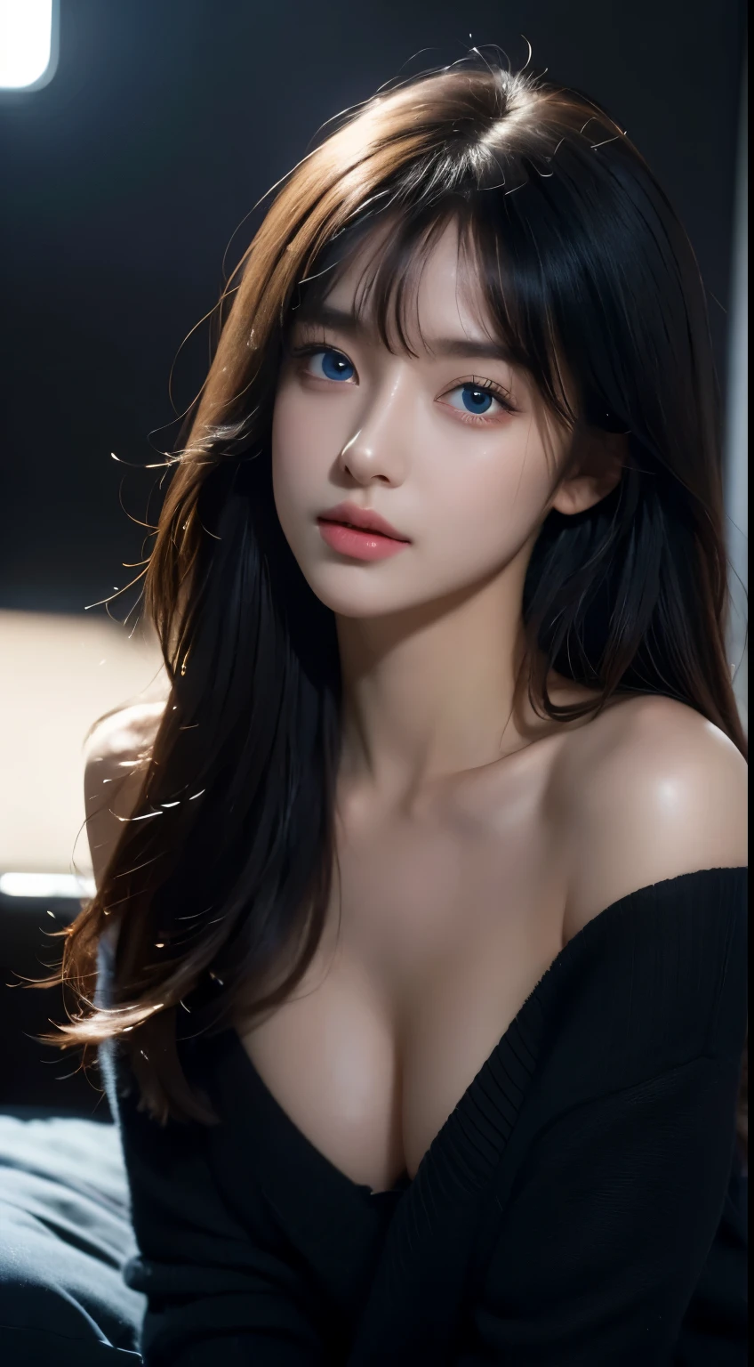 ultra high res, masterpiece, best quality, perfect glossy shiny skins, perfect lighting, detailed lighting, dramatic shadows, ray tracing, black sweater, looking at viewer, off shoulder, blue Eyes, sharp face, sharp eyes,  long bangs, open mouse, ((Dark background))