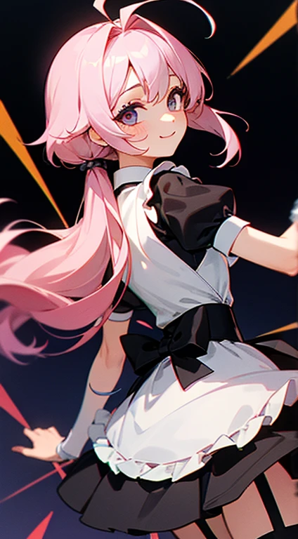 1 girl, juego CG, Traje de sirvienta con volantes, escote visible, falda corta, Adorno de pelo de criada, Small Maid Apron, black garter belt, pechos gigantescos, cabello rosado, Cabello largo, Colas gemelas bajas, Peinado de princesa, Ahoge, ojos rosados, Sonrisas, dentro