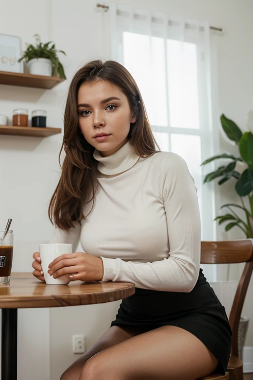 woman sitting at a table with a cup of coffee in front of her, in white turtleneck shirt, anastasia ovchinnikova, anna nikonova aka newmilky, style of julia razumova, alina ivanchenko, angelina stroganova, ekaterina, attractive girl, sitting in a cafe, julia gorokhova, yelena belova