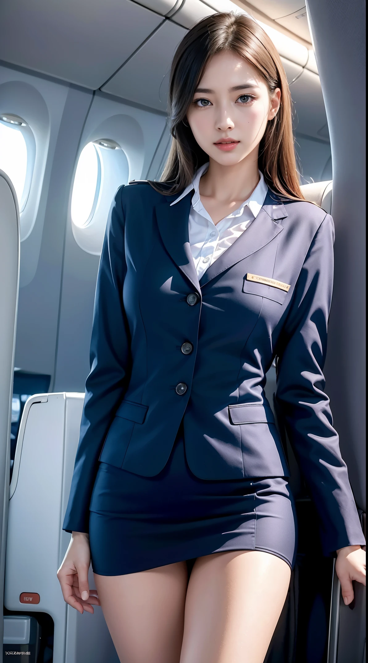 Top Quality, Masterpiece, 8K, Ultra High Definition, (Photorealistic: 1.4), 1 Girl, beautifull face, symmetry eyes, Big, perfect body proportions, Stewardess uniform, The beholder's gaze, (Inside the Airplane: 1.2), Front view, shoulder jump, Absolute area (1.3),