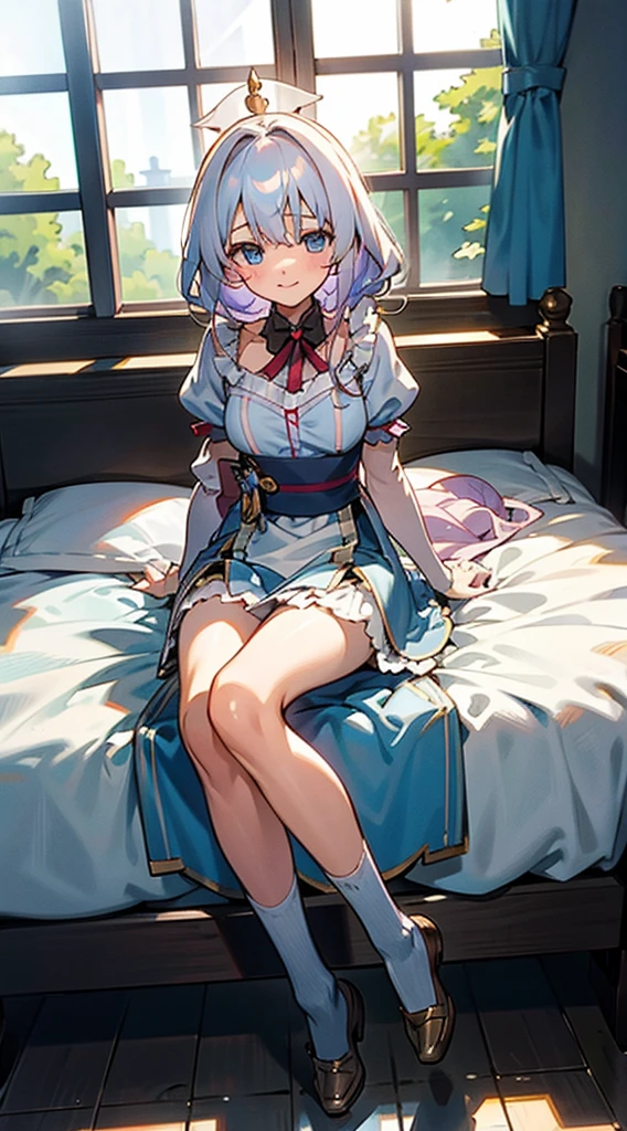 anime styled, The ultra -The high-definition, alice in the wonderland, Super cute girl, a blond, Long, shame, A sweet inviting smile, Light blue fluttering short dress, frilldの付いた白いエプロンスカートを重ねる, frilld, B-cup breasts, Light blue fluttering mini skirt, The socks are long white knee-high socks that go from the toes to mid-thigh., and draw the full body, Inside an old Western-style building, absurd worldview, window where bright sunlight shines through, Her clothes are a little disarrayed and her breasts are exposed., Pee, お漏らししてPeeが股から出て太ももを伝ってチョロチョロと細く流れている, Lie down on the bed, Reach out to the camera,legs slightly apart