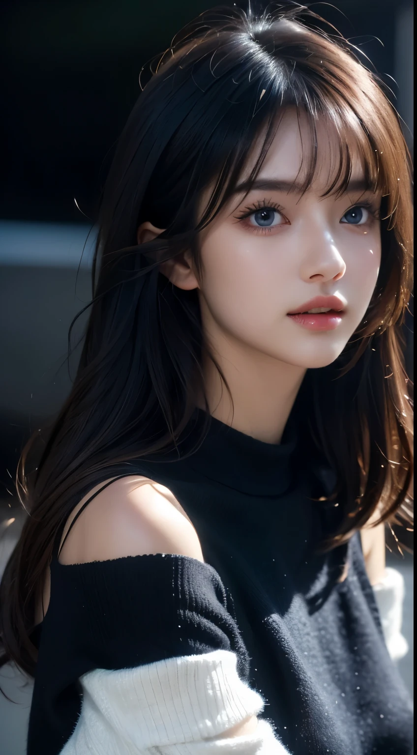 ultra high res, masterpiece, best quality, perfect glossy shiny skins, perfect lighting, detailed lighting, dramatic shadows, ray tracing, black sweater, looking at viewer, off shoulder, blue Eyes, sharp face, sharp eyes, long bangs, open mouse, ((Dark background))